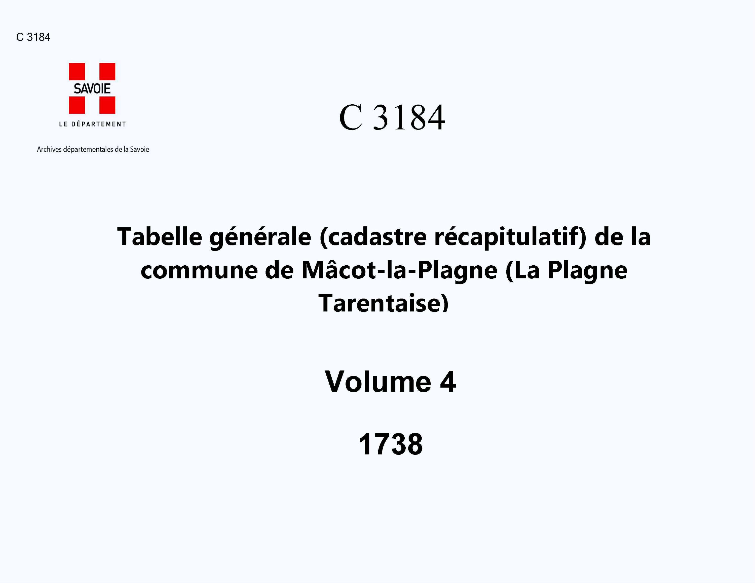 Mâcot-la-Plagne - Tabelle générale (cadastre récapitulatif) de la commune de Macot. - 4e volume. Lettres H à M.