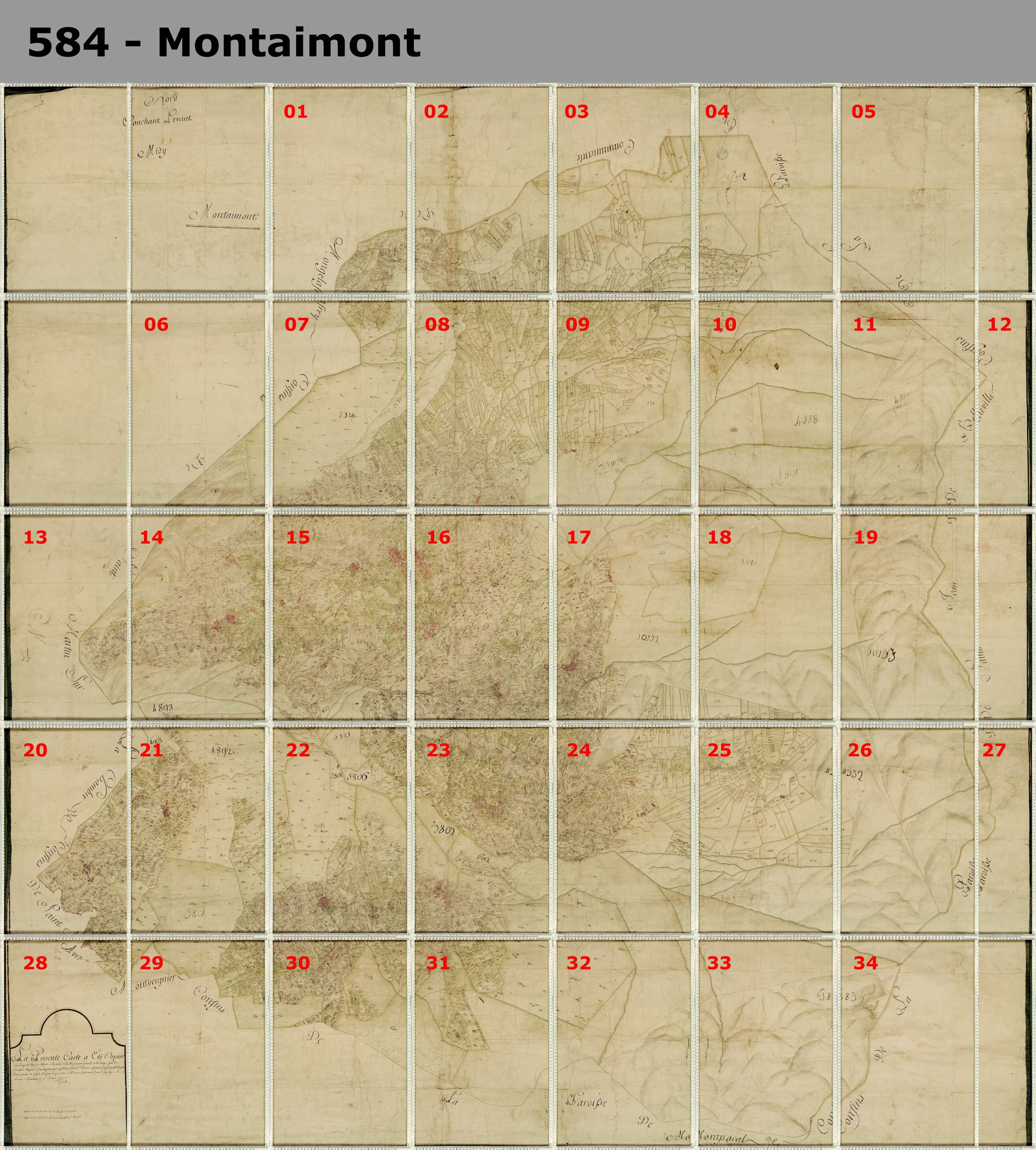Montaimont - Copie de la mappe originale (plan cadastral) de la commune de Montaymont. Signée Cocelli, directeur de la péréquation générale.