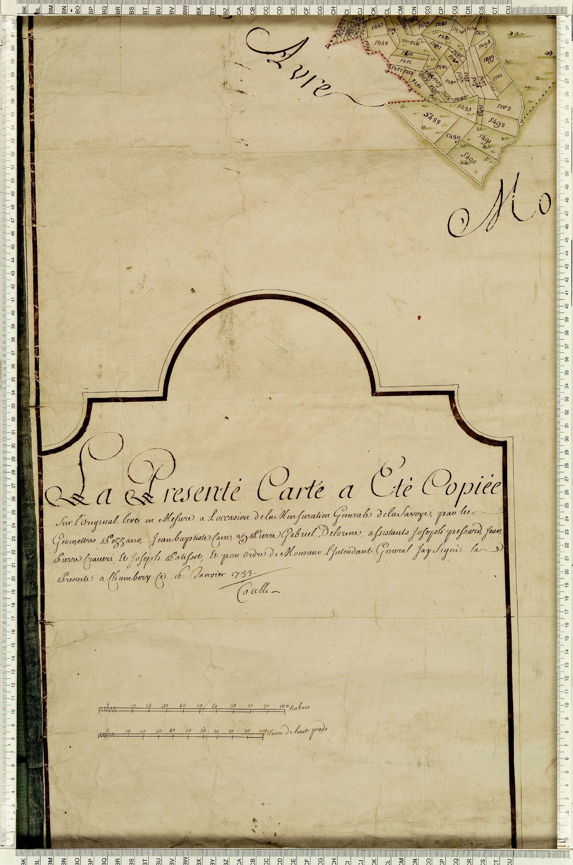 Montaimont - Copie de la mappe originale (plan cadastral) de la commune de Montaymont. Signée Cocelli, directeur de la péréquation générale.