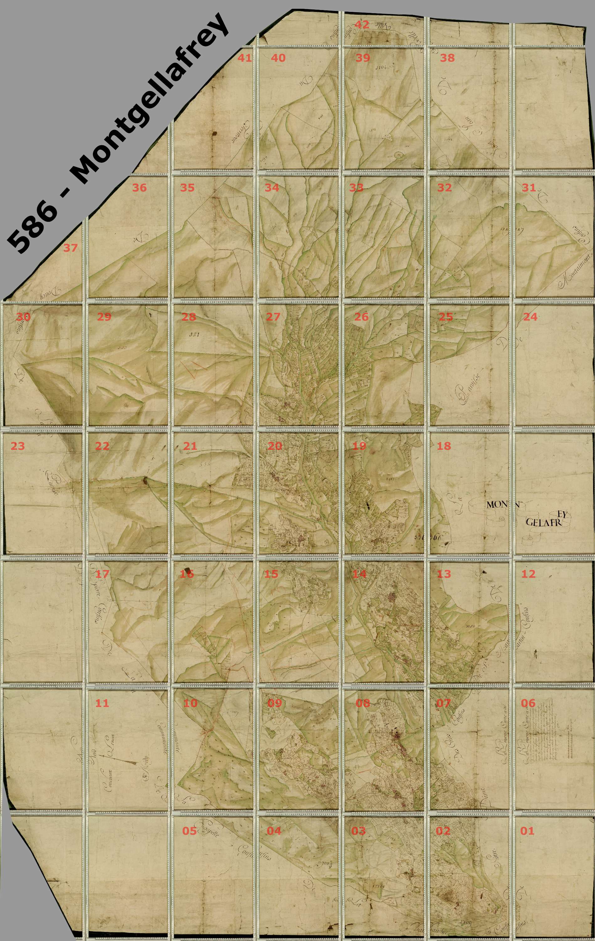 Montgellafrey - Copie de la mappe originale (plan cadastral) de la commune de Montgelafrey, dans lequel sont figurées et numérotées les 6451 parcelles qui composent le territoire de la commune. - Signé Cocelli, directeur de la péréquation générale. (La ma