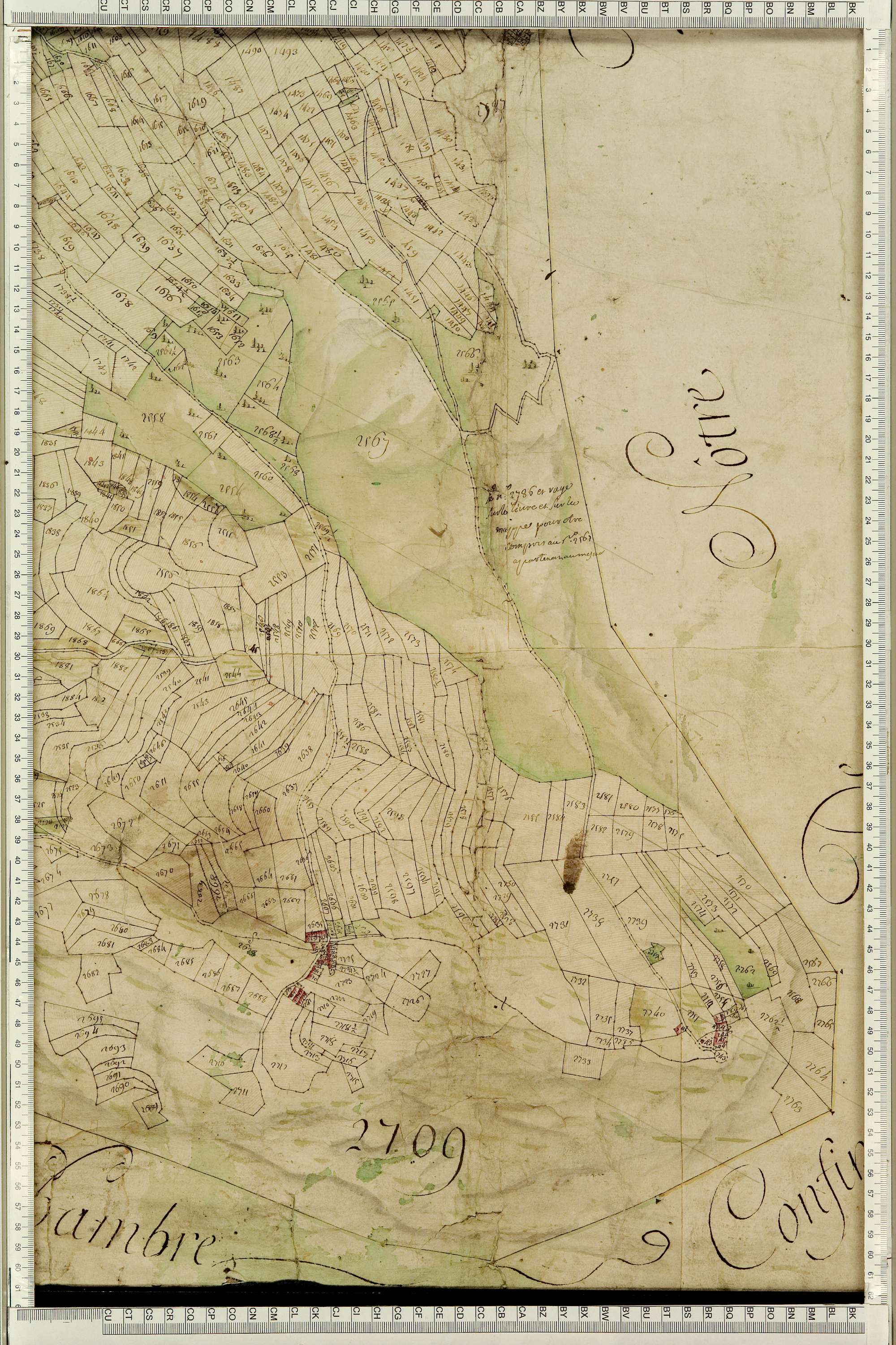 Montgellafrey - Copie de la mappe originale (plan cadastral) de la commune de Montgelafrey, dans lequel sont figurées et numérotées les 6451 parcelles qui composent le territoire de la commune. - Signé Cocelli, directeur de la péréquation générale. (La ma
