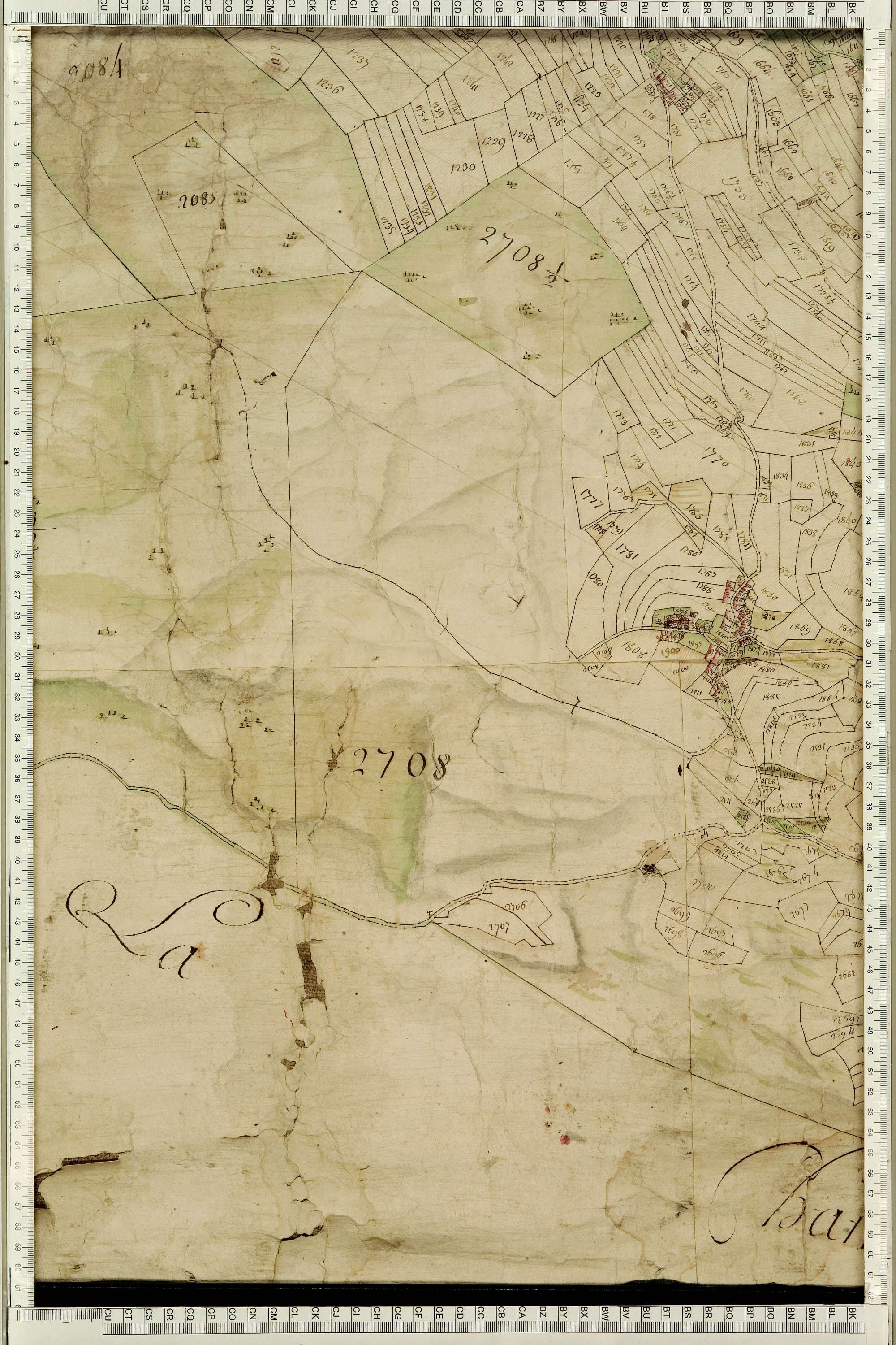 Montgellafrey - Copie de la mappe originale (plan cadastral) de la commune de Montgelafrey, dans lequel sont figurées et numérotées les 6451 parcelles qui composent le territoire de la commune. - Signé Cocelli, directeur de la péréquation générale. (La ma