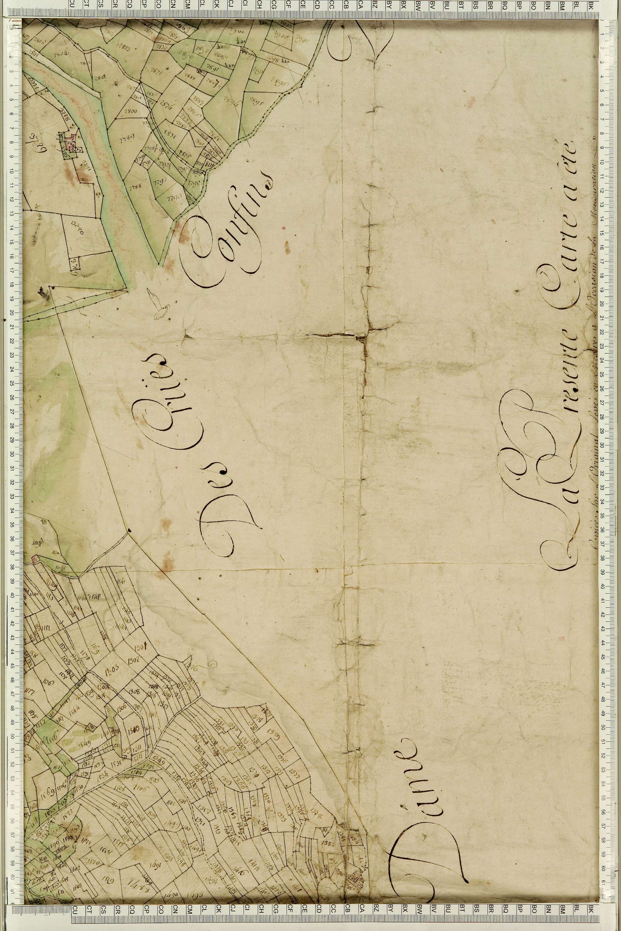 Montgellafrey - Copie de la mappe originale (plan cadastral) de la commune de Montgelafrey, dans lequel sont figurées et numérotées les 6451 parcelles qui composent le territoire de la commune. - Signé Cocelli, directeur de la péréquation générale. (La ma