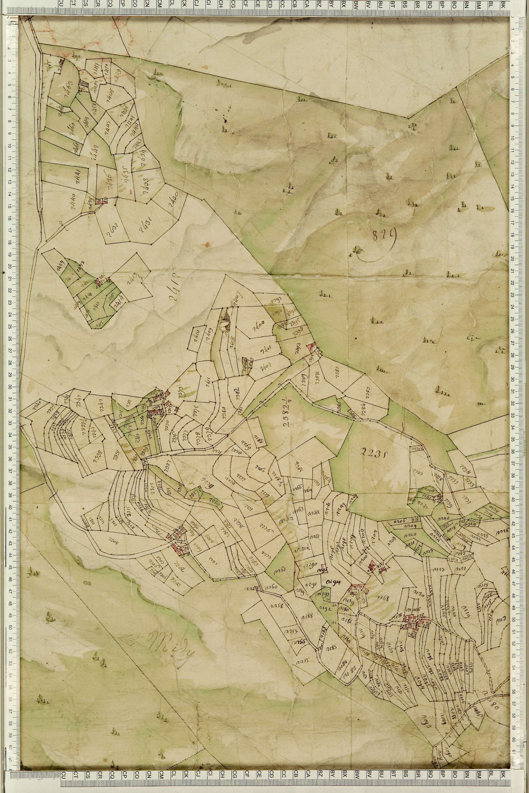 Montgellafrey - Copie de la mappe originale (plan cadastral) de la commune de Montgelafrey, dans lequel sont figurées et numérotées les 6451 parcelles qui composent le territoire de la commune. - Signé Cocelli, directeur de la péréquation générale. (La ma