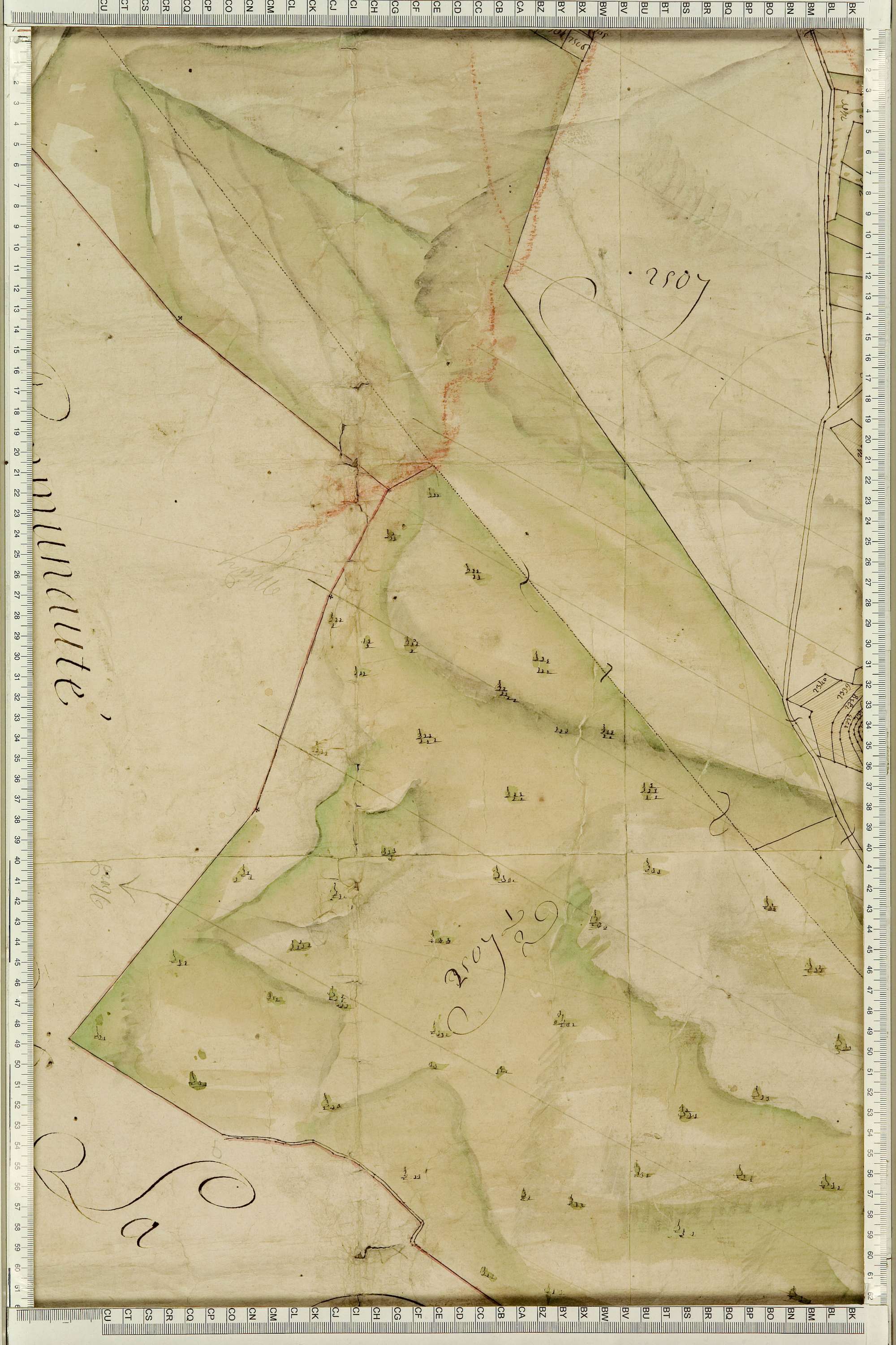 Montgellafrey - Copie de la mappe originale (plan cadastral) de la commune de Montgelafrey, dans lequel sont figurées et numérotées les 6451 parcelles qui composent le territoire de la commune. - Signé Cocelli, directeur de la péréquation générale. (La ma