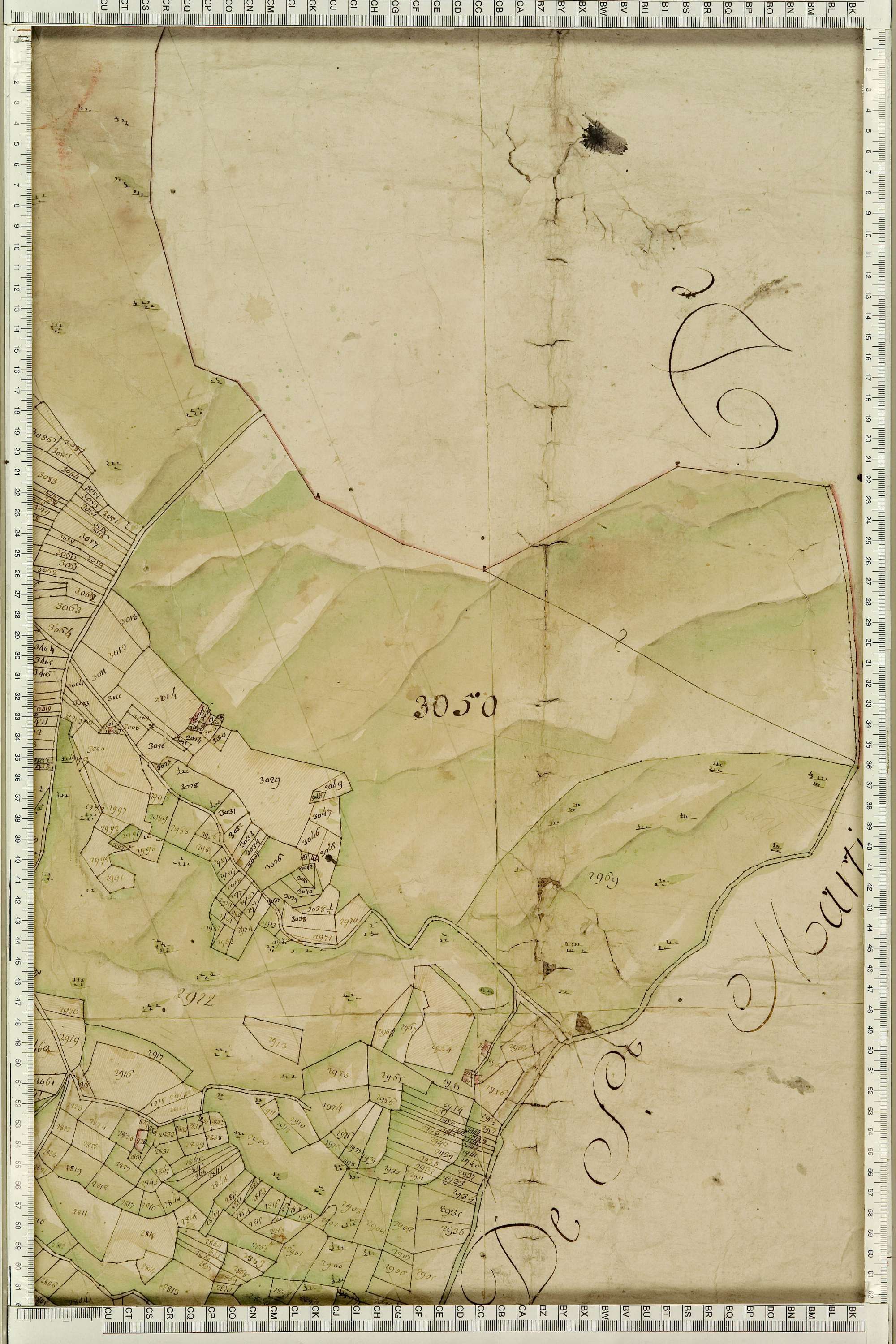 Montgellafrey - Copie de la mappe originale (plan cadastral) de la commune de Montgelafrey, dans lequel sont figurées et numérotées les 6451 parcelles qui composent le territoire de la commune. - Signé Cocelli, directeur de la péréquation générale. (La ma