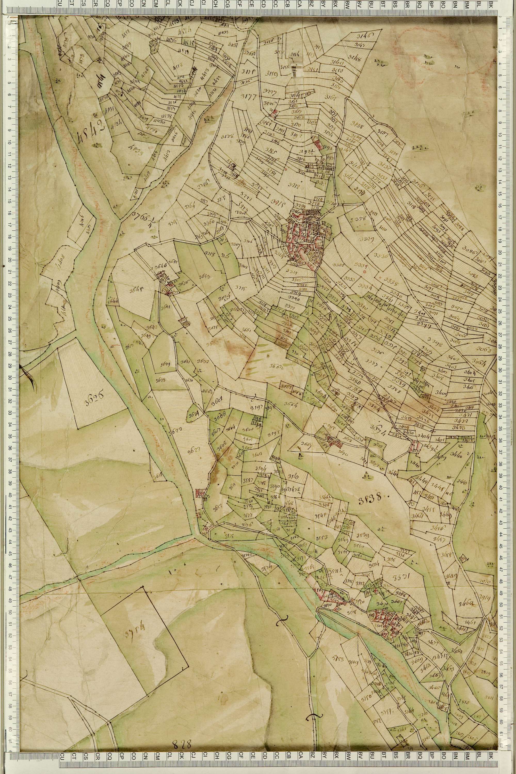 Montgellafrey - Copie de la mappe originale (plan cadastral) de la commune de Montgelafrey, dans lequel sont figurées et numérotées les 6451 parcelles qui composent le territoire de la commune. - Signé Cocelli, directeur de la péréquation générale. (La ma