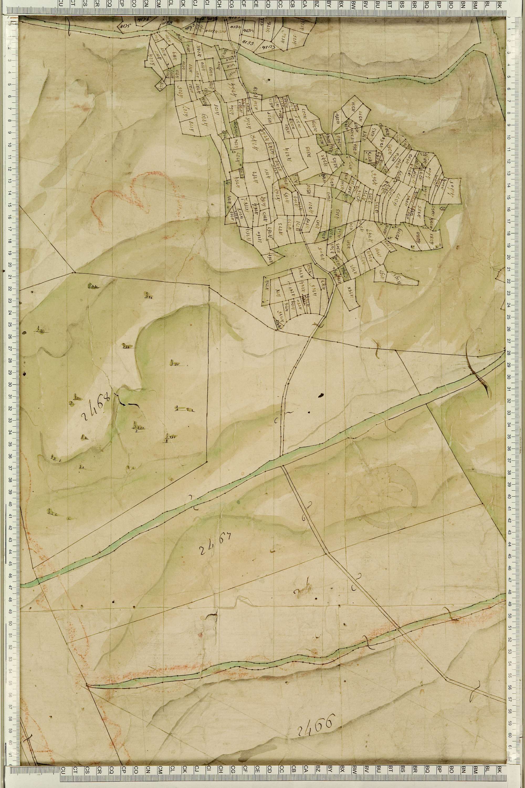 Montgellafrey - Copie de la mappe originale (plan cadastral) de la commune de Montgelafrey, dans lequel sont figurées et numérotées les 6451 parcelles qui composent le territoire de la commune. - Signé Cocelli, directeur de la péréquation générale. (La ma