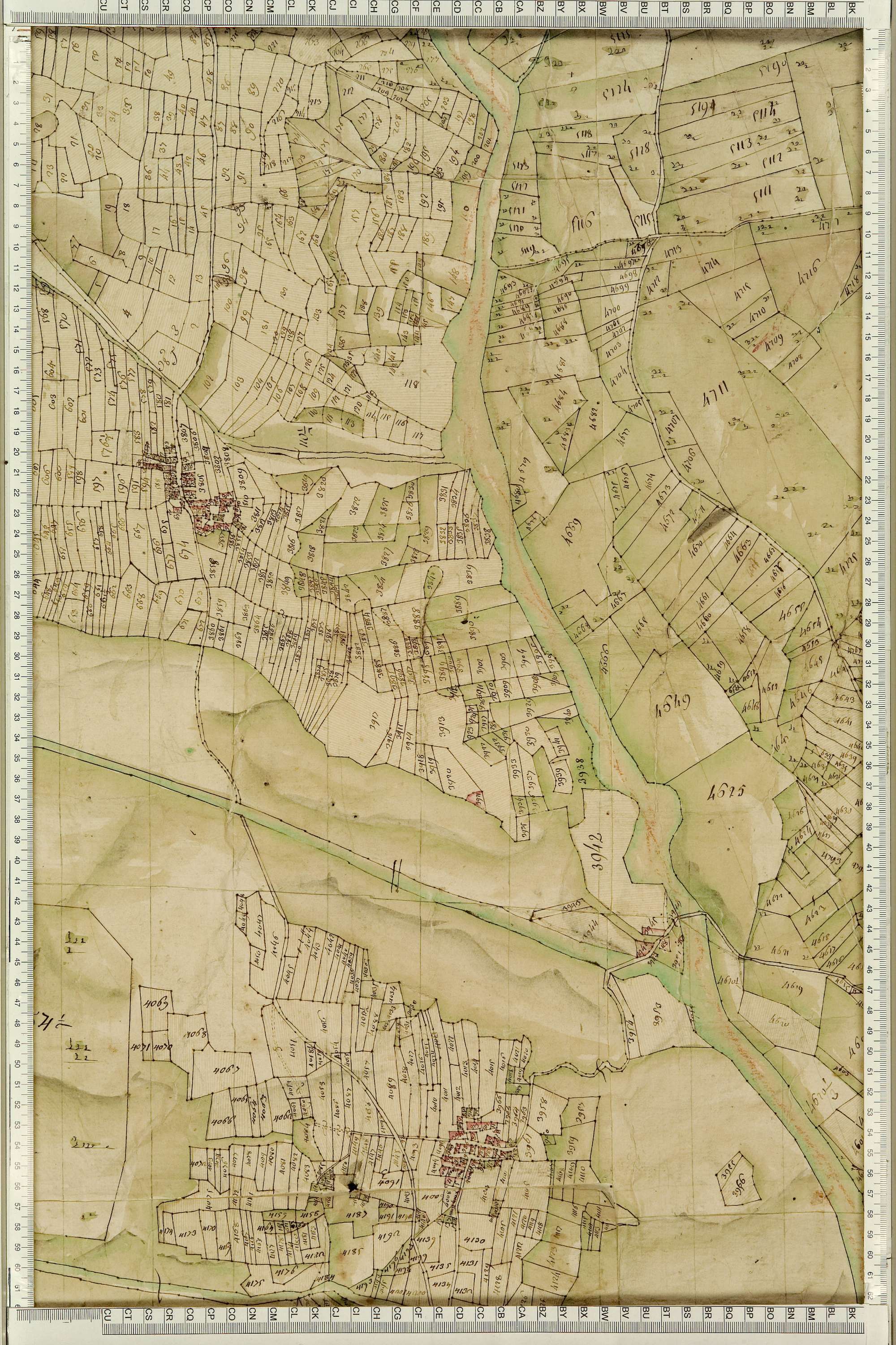 Montgellafrey - Copie de la mappe originale (plan cadastral) de la commune de Montgelafrey, dans lequel sont figurées et numérotées les 6451 parcelles qui composent le territoire de la commune. - Signé Cocelli, directeur de la péréquation générale. (La ma