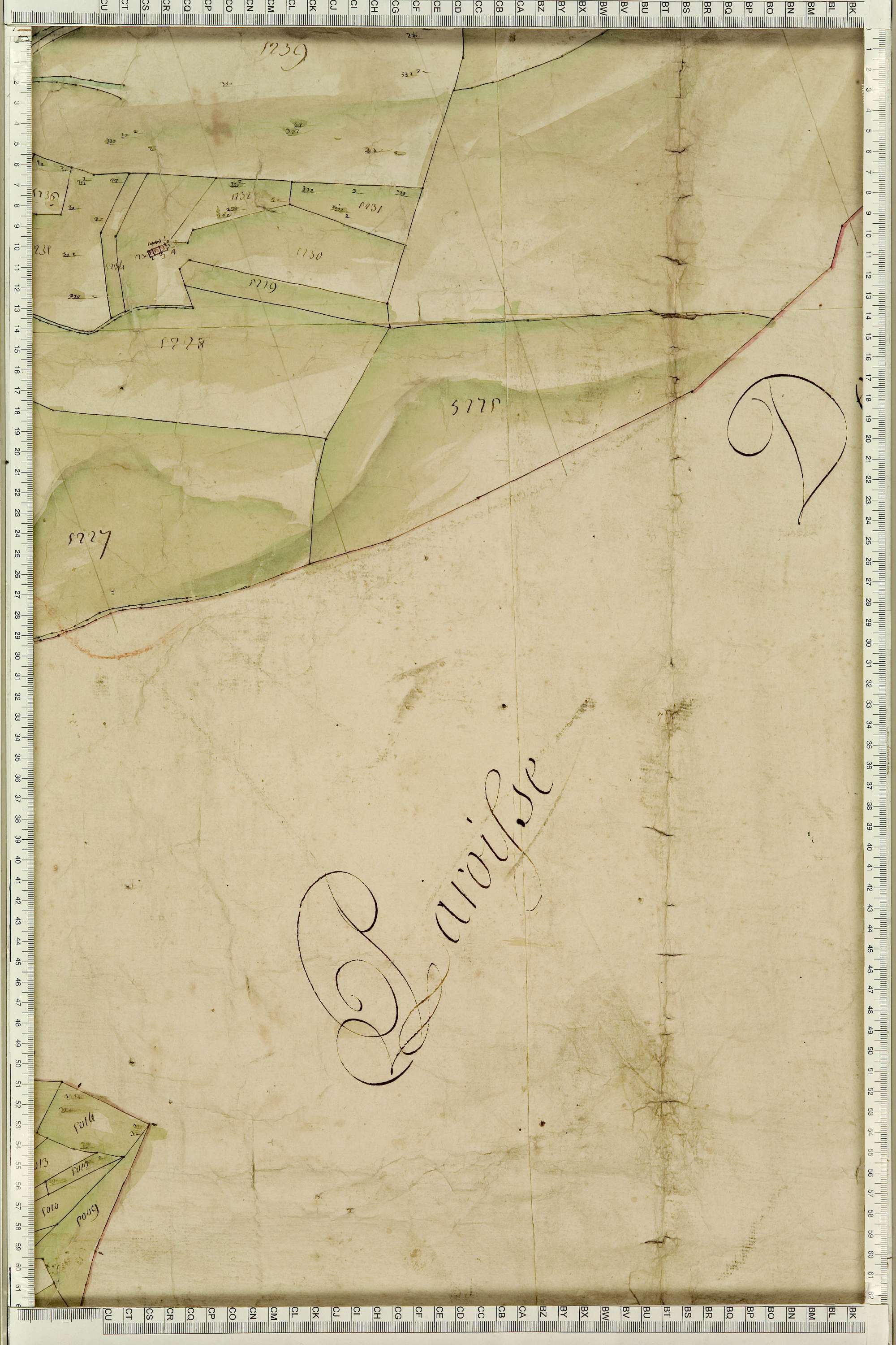 Montgellafrey - Copie de la mappe originale (plan cadastral) de la commune de Montgelafrey, dans lequel sont figurées et numérotées les 6451 parcelles qui composent le territoire de la commune. - Signé Cocelli, directeur de la péréquation générale. (La ma
