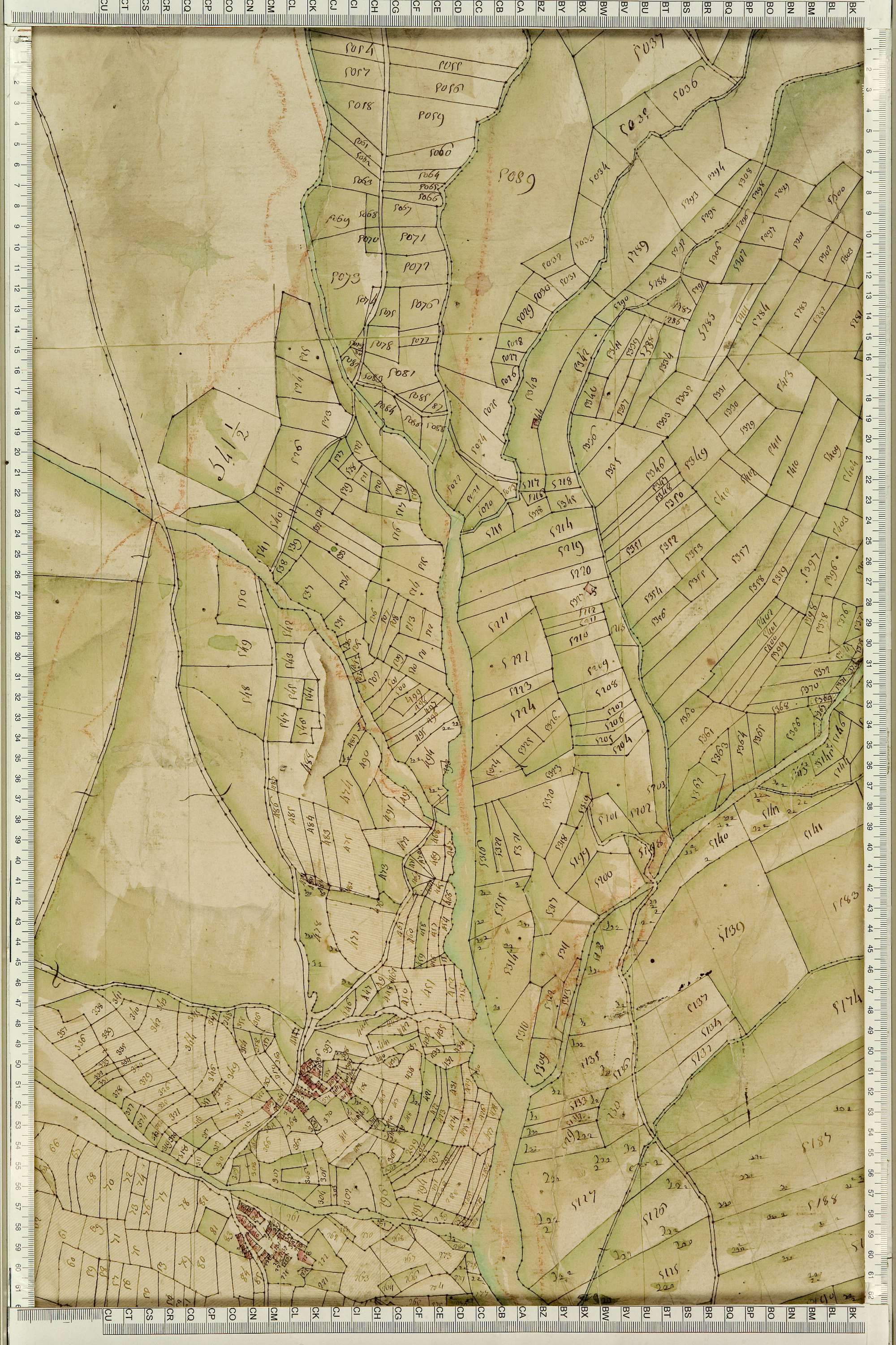 Montgellafrey - Copie de la mappe originale (plan cadastral) de la commune de Montgelafrey, dans lequel sont figurées et numérotées les 6451 parcelles qui composent le territoire de la commune. - Signé Cocelli, directeur de la péréquation générale. (La ma