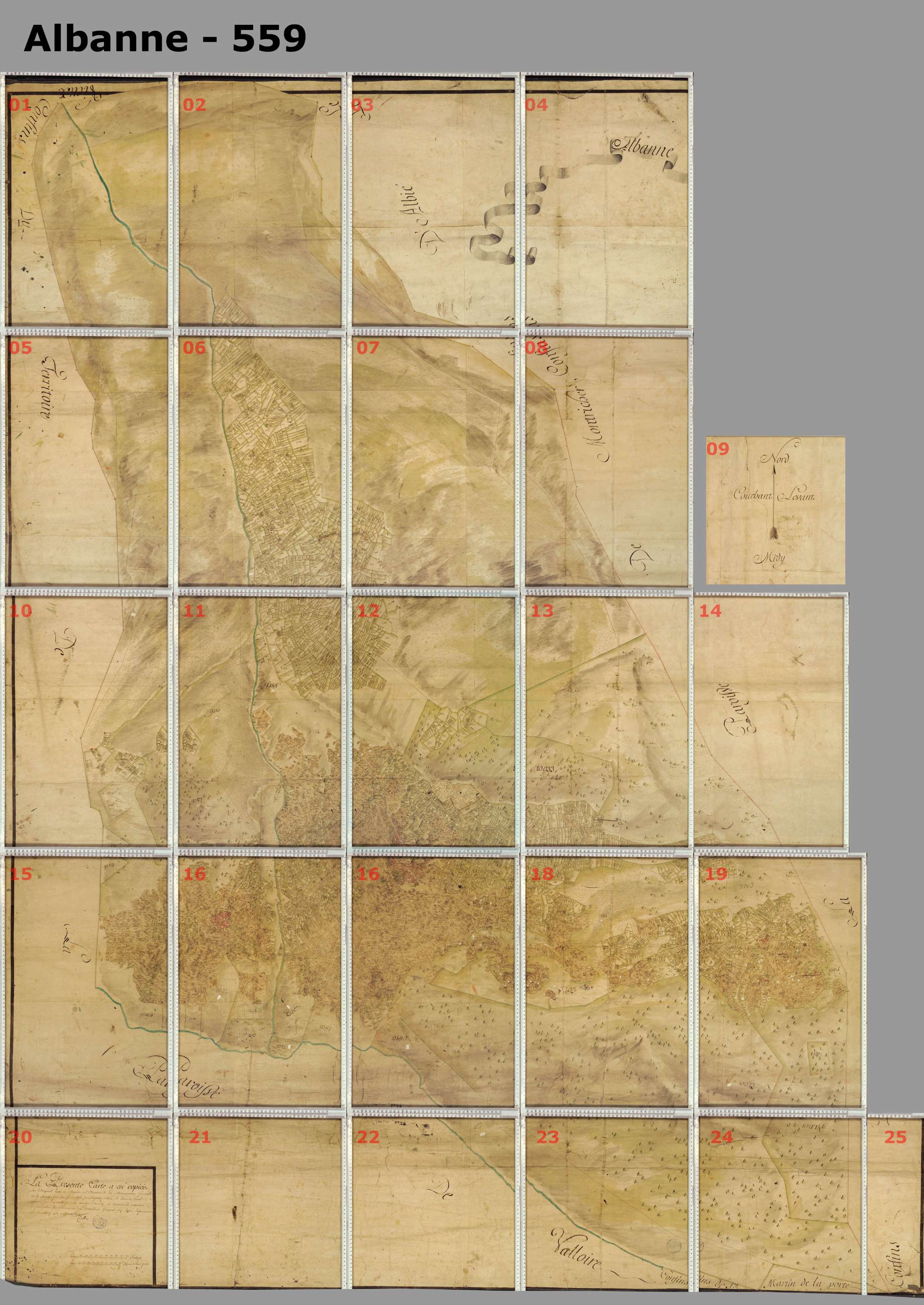 Montricher-Albanne - Copie de la mappe originale (plan cadastral) de la commune d’Albane. Signée Cocelli, directeur du bureau de la péréquation.