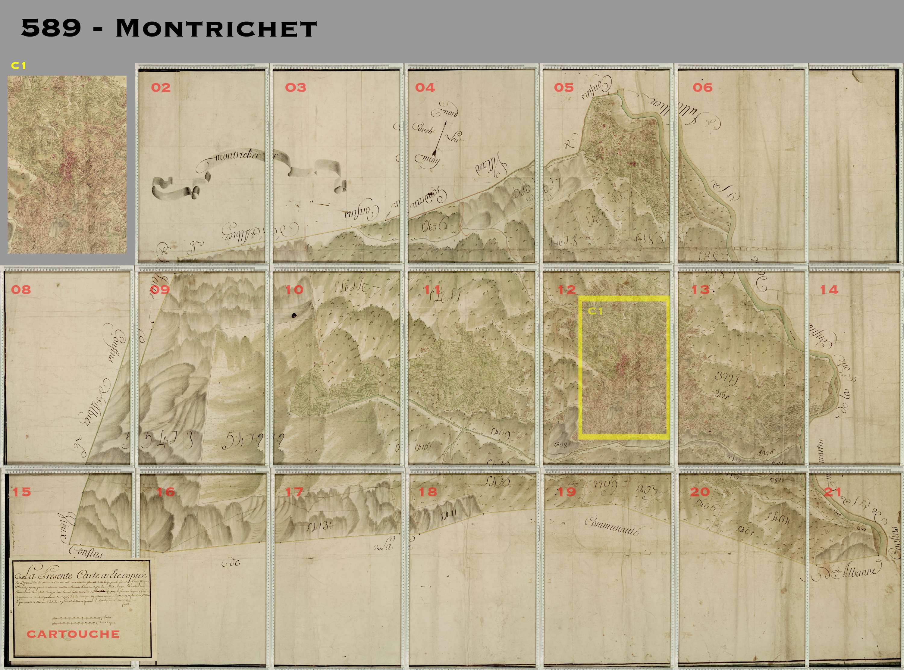 Montricher-Albanne - Copie de la mappe originale (plan cadastral) de la commune de Montricher. Signée Cocelli, directeur de la péréquation générale.