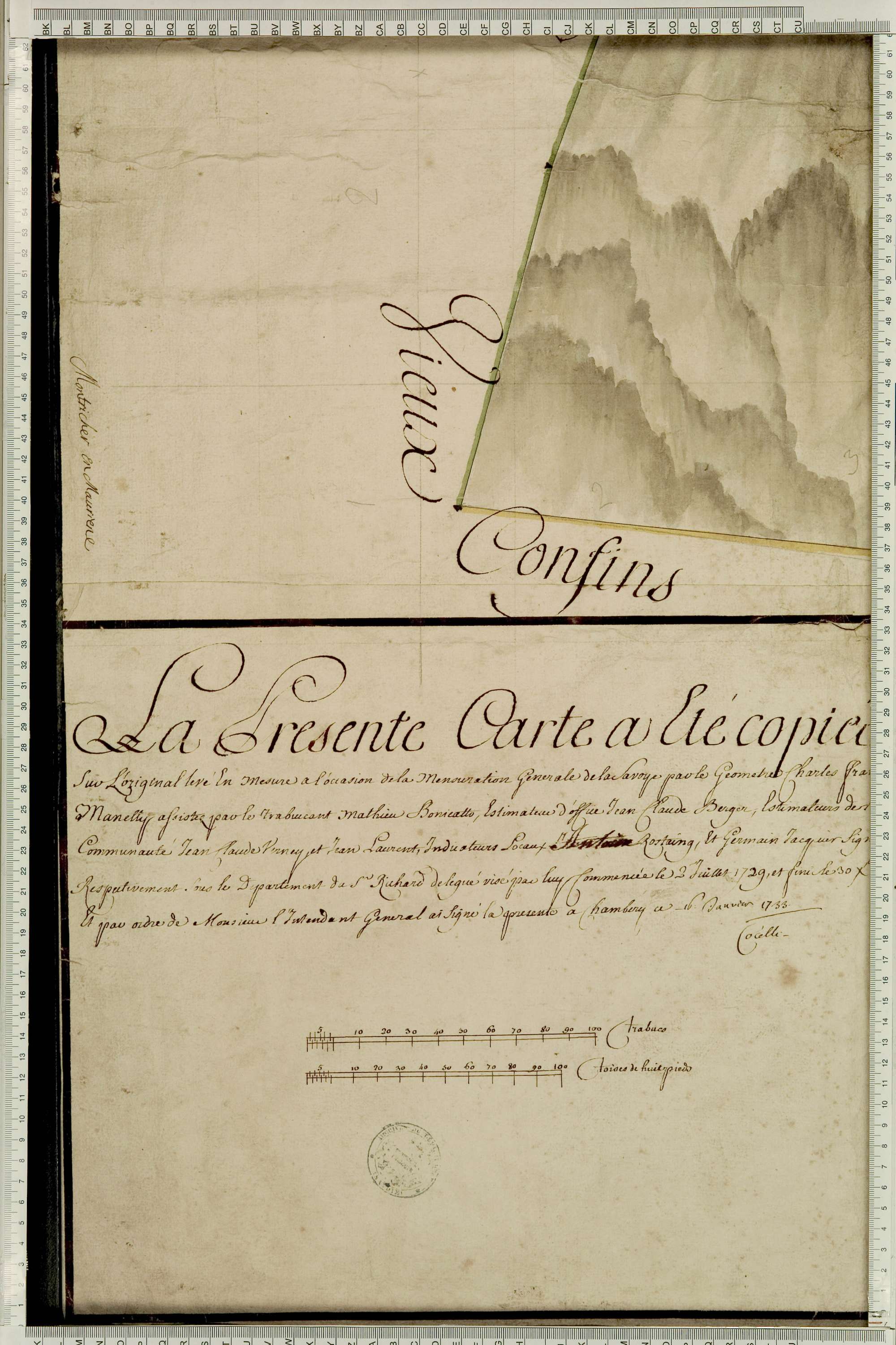 Montricher-Albanne - Copie de la mappe originale (plan cadastral) de la commune de Montricher. Signée Cocelli, directeur de la péréquation générale.