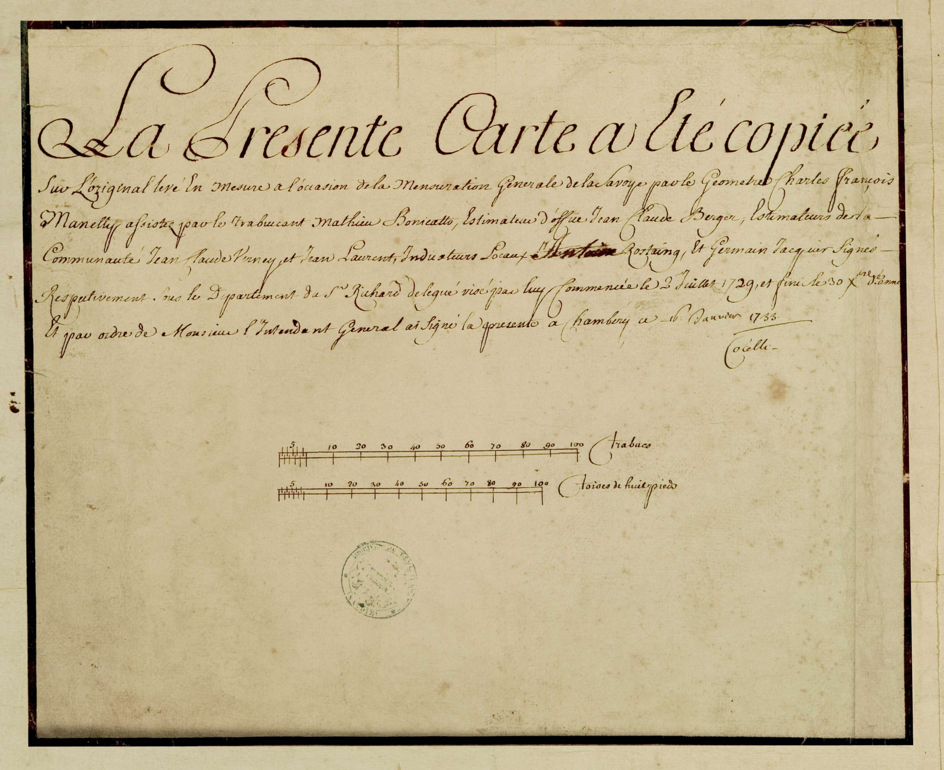 Montricher-Albanne - Copie de la mappe originale (plan cadastral) de la commune de Montricher. Signée Cocelli, directeur de la péréquation générale.