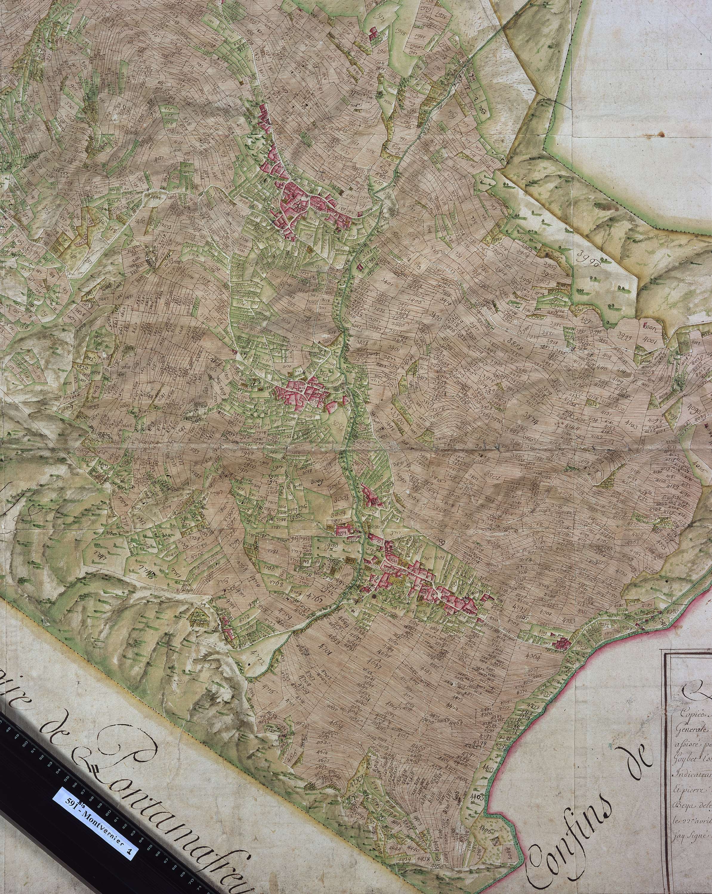 Montvalezan - Copie de la mappe originale (plan cadastral) de la commune de Montvernier, dans lequel sont figurées et numérotées les 4777 parcelles qui composent le territoire de la commune. Signée Cocelli, directeur de la péréquation générale. (La mappe 