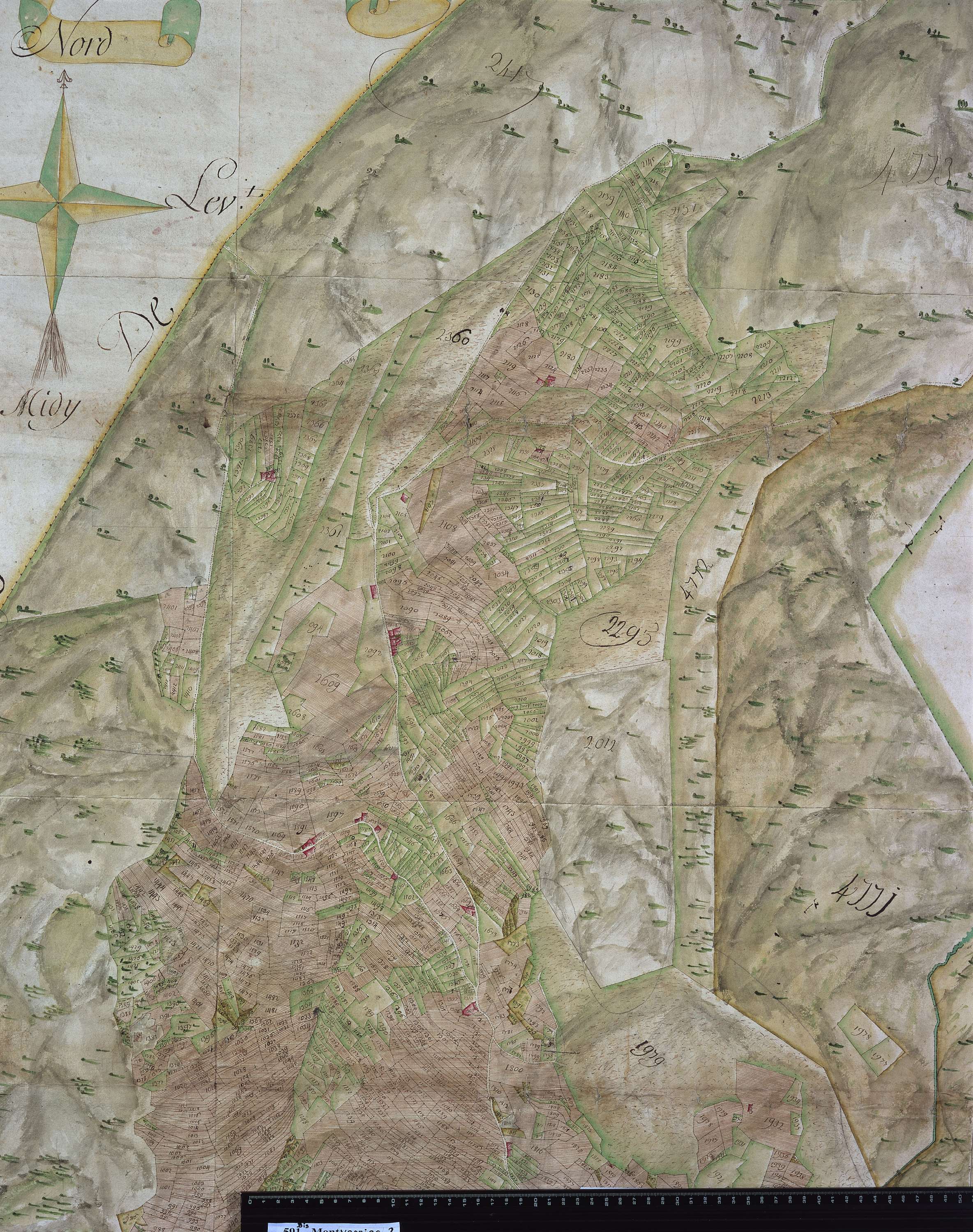 Montvalezan - Copie de la mappe originale (plan cadastral) de la commune de Montvernier, dans lequel sont figurées et numérotées les 4777 parcelles qui composent le territoire de la commune. Signée Cocelli, directeur de la péréquation générale. (La mappe 