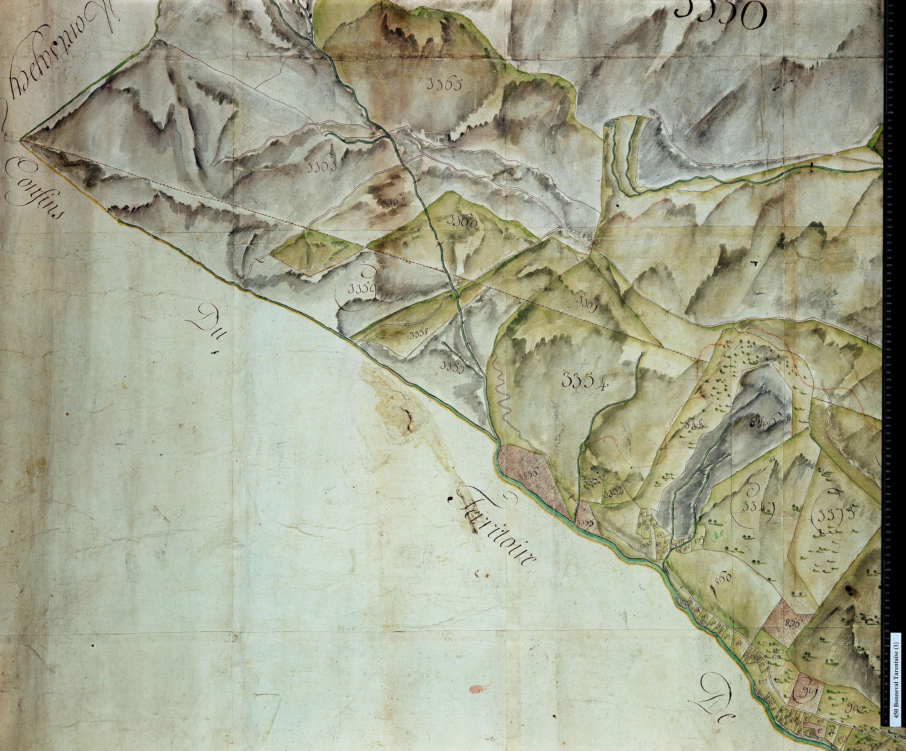 La Léchère - Copie de la mappe originale (plan cadastral) de la commune de Bonneval en Tarentaise. Signée Cocelli, directeur du bureau de la péréquation.