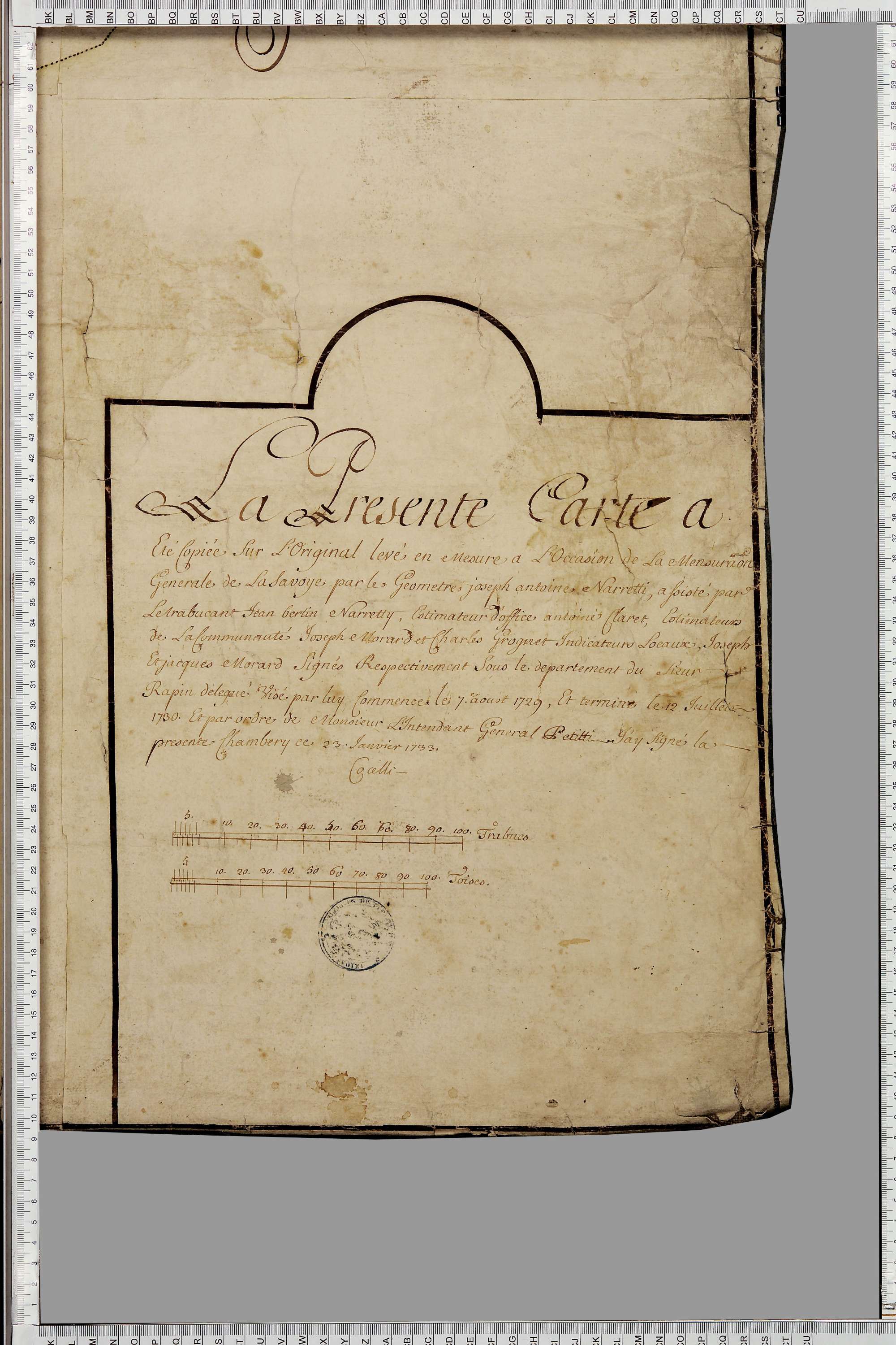 La Léchère - Copie de la mappe originale (plan cadastral) de la commune de Doucy en Tarentaise. Signée Cocelli, directeur de la péréquation.