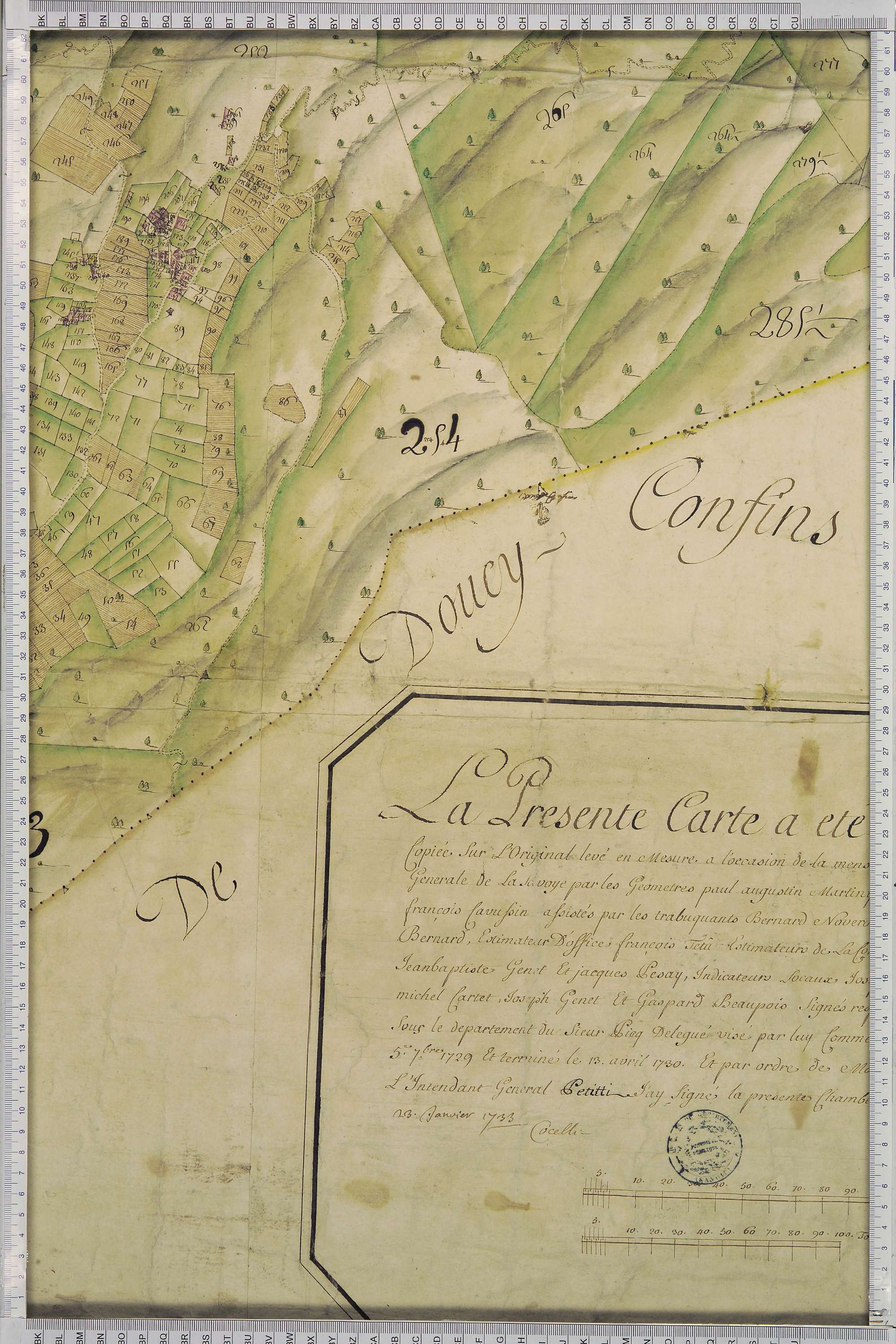 La Léchère - Copie de la mappe originale (plan cadastral) de la commune de Notre-Dame-de-Briançon. Signée Cocelli, directeur de la péréquation générale.
