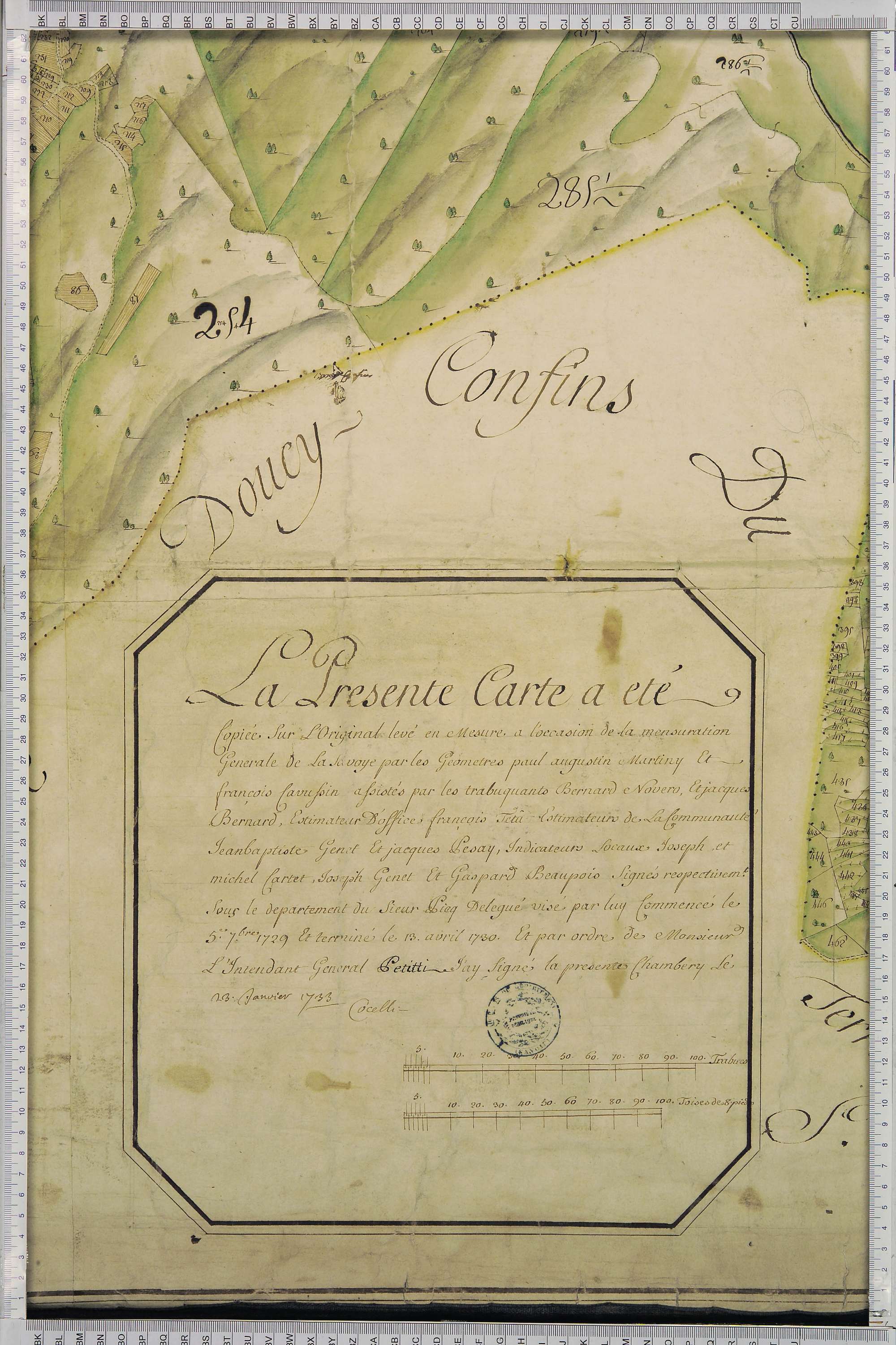 La Léchère - Copie de la mappe originale (plan cadastral) de la commune de Notre-Dame-de-Briançon. Signée Cocelli, directeur de la péréquation générale.