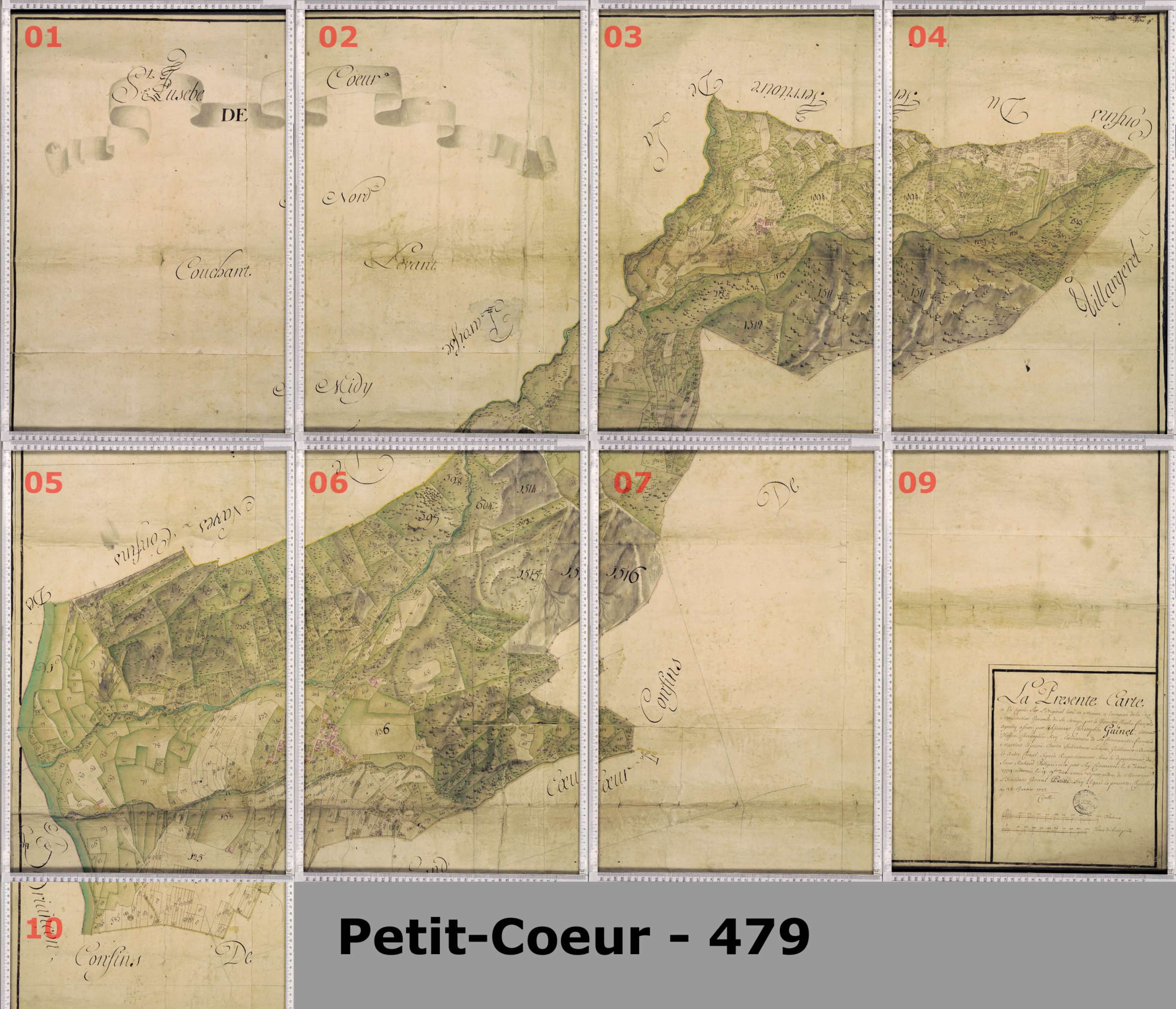 La Léchère - Copie de la mappe originale (plan cadastral) de la commune de Petit-Coeur (Saint-Eusèbe-de-Cœur), dans lequel sont figurées et numérotées les 1543 parcelles qui composent le territoire de la commune. Signée Cocelli, directeur de la péréquatio