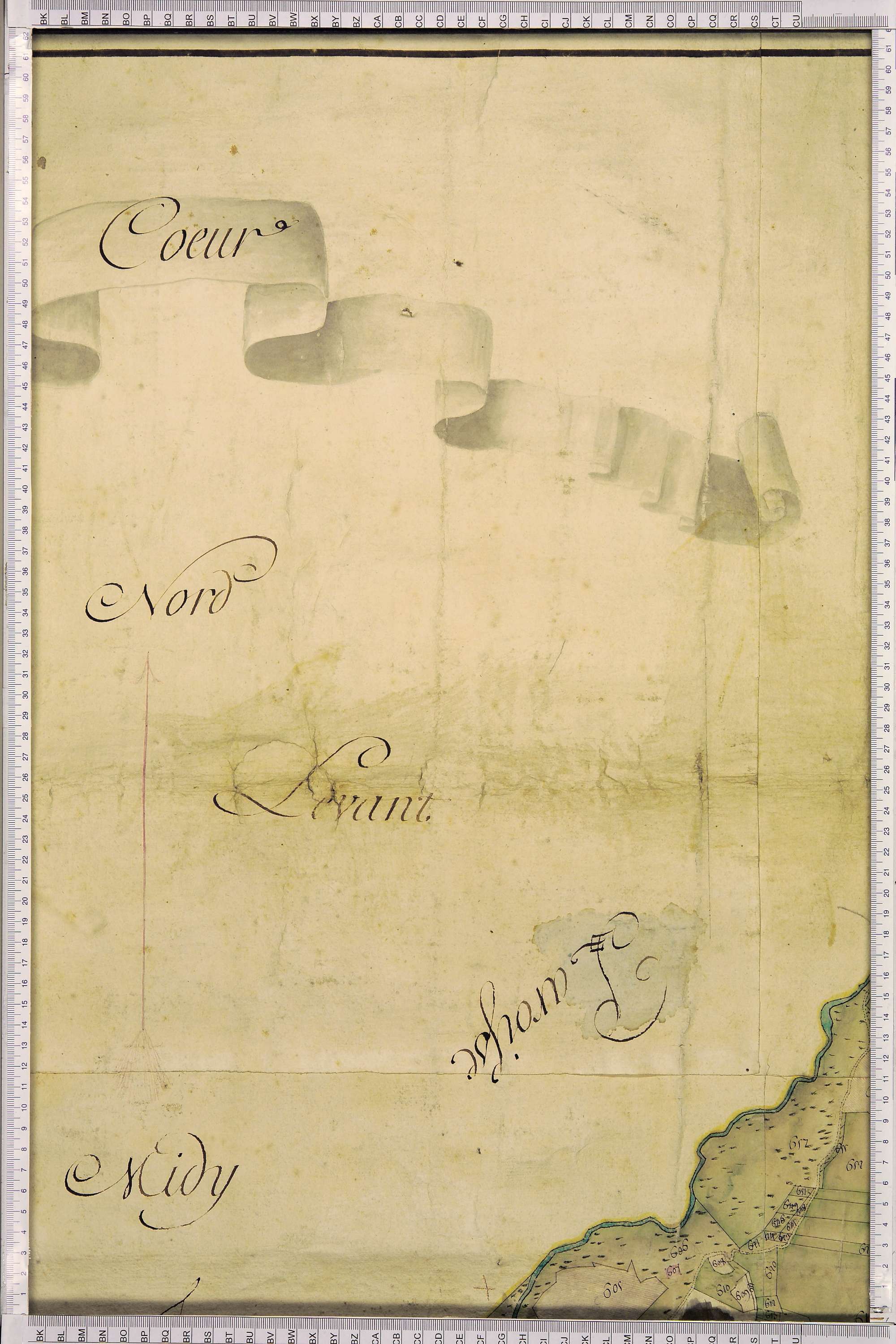 La Léchère - Copie de la mappe originale (plan cadastral) de la commune de Petit-Coeur (Saint-Eusèbe-de-Cœur), dans lequel sont figurées et numérotées les 1543 parcelles qui composent le territoire de la commune. Signée Cocelli, directeur de la péréquatio