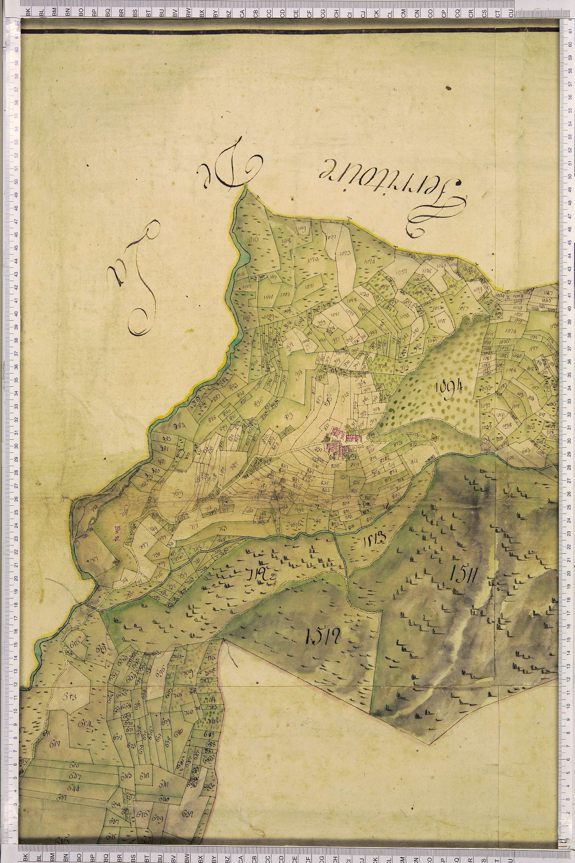 La Léchère - Copie de la mappe originale (plan cadastral) de la commune de Petit-Coeur (Saint-Eusèbe-de-Cœur), dans lequel sont figurées et numérotées les 1543 parcelles qui composent le territoire de la commune. Signée Cocelli, directeur de la péréquatio