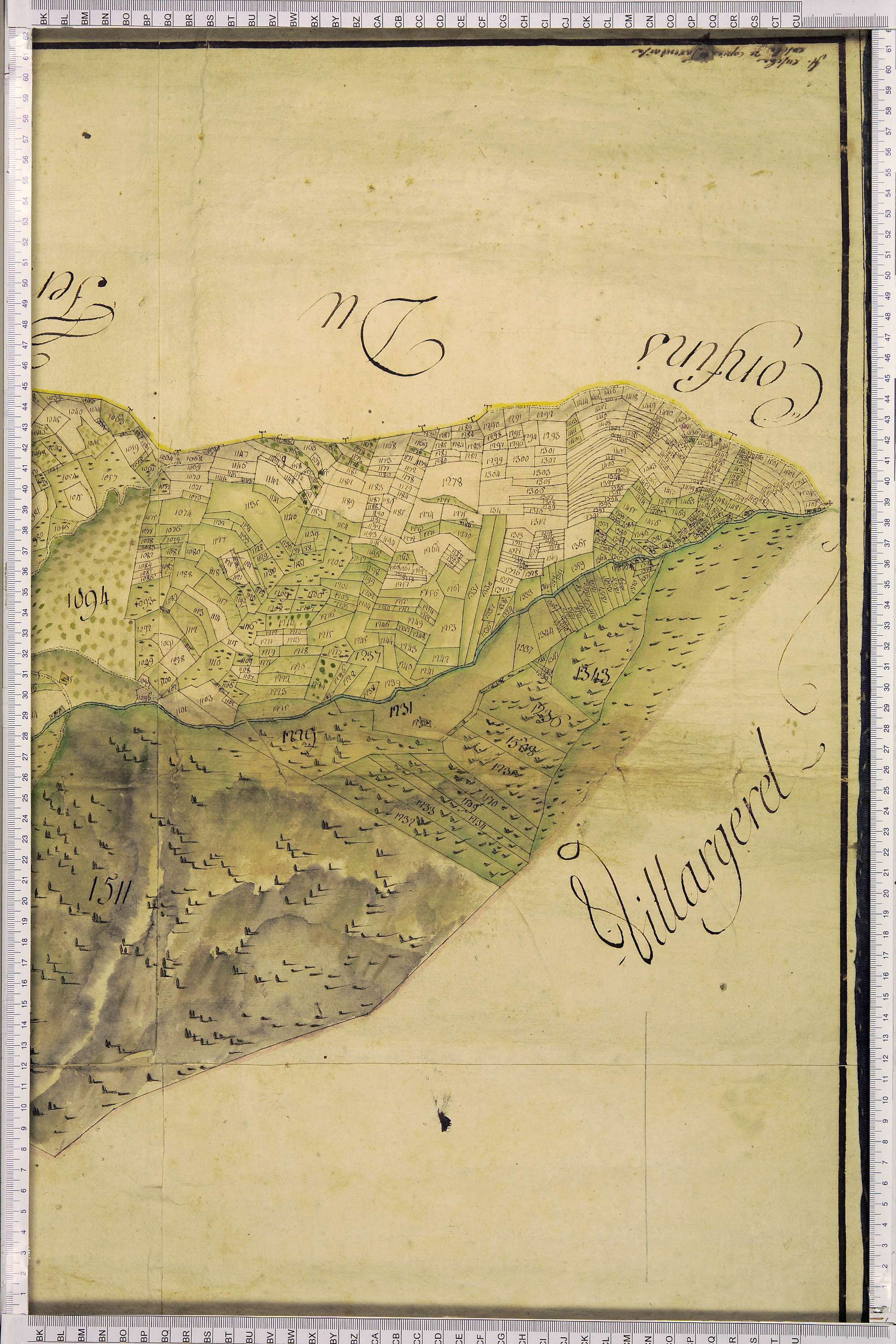 La Léchère - Copie de la mappe originale (plan cadastral) de la commune de Petit-Coeur (Saint-Eusèbe-de-Cœur), dans lequel sont figurées et numérotées les 1543 parcelles qui composent le territoire de la commune. Signée Cocelli, directeur de la péréquatio