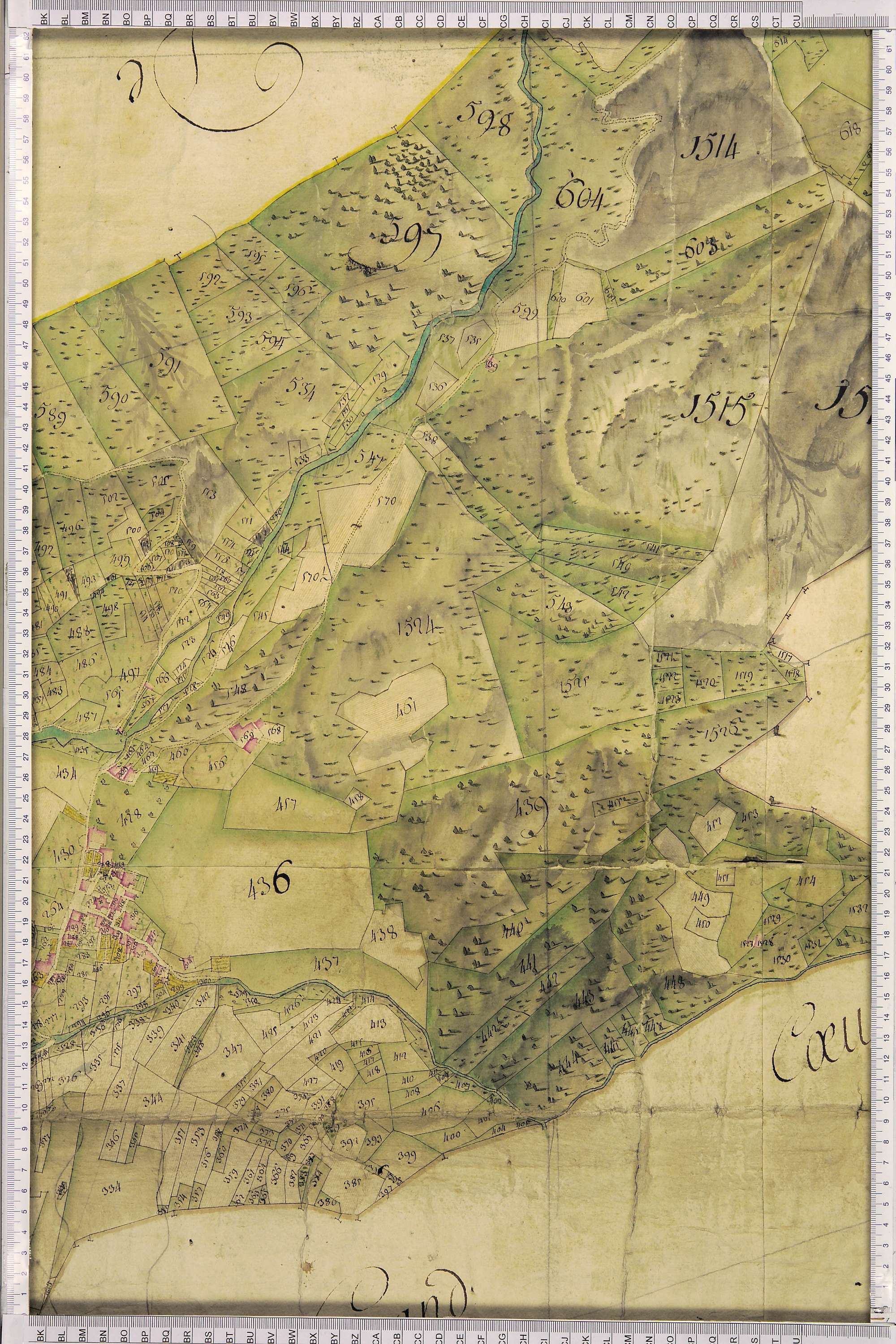 La Léchère - Copie de la mappe originale (plan cadastral) de la commune de Petit-Coeur (Saint-Eusèbe-de-Cœur), dans lequel sont figurées et numérotées les 1543 parcelles qui composent le territoire de la commune. Signée Cocelli, directeur de la péréquatio