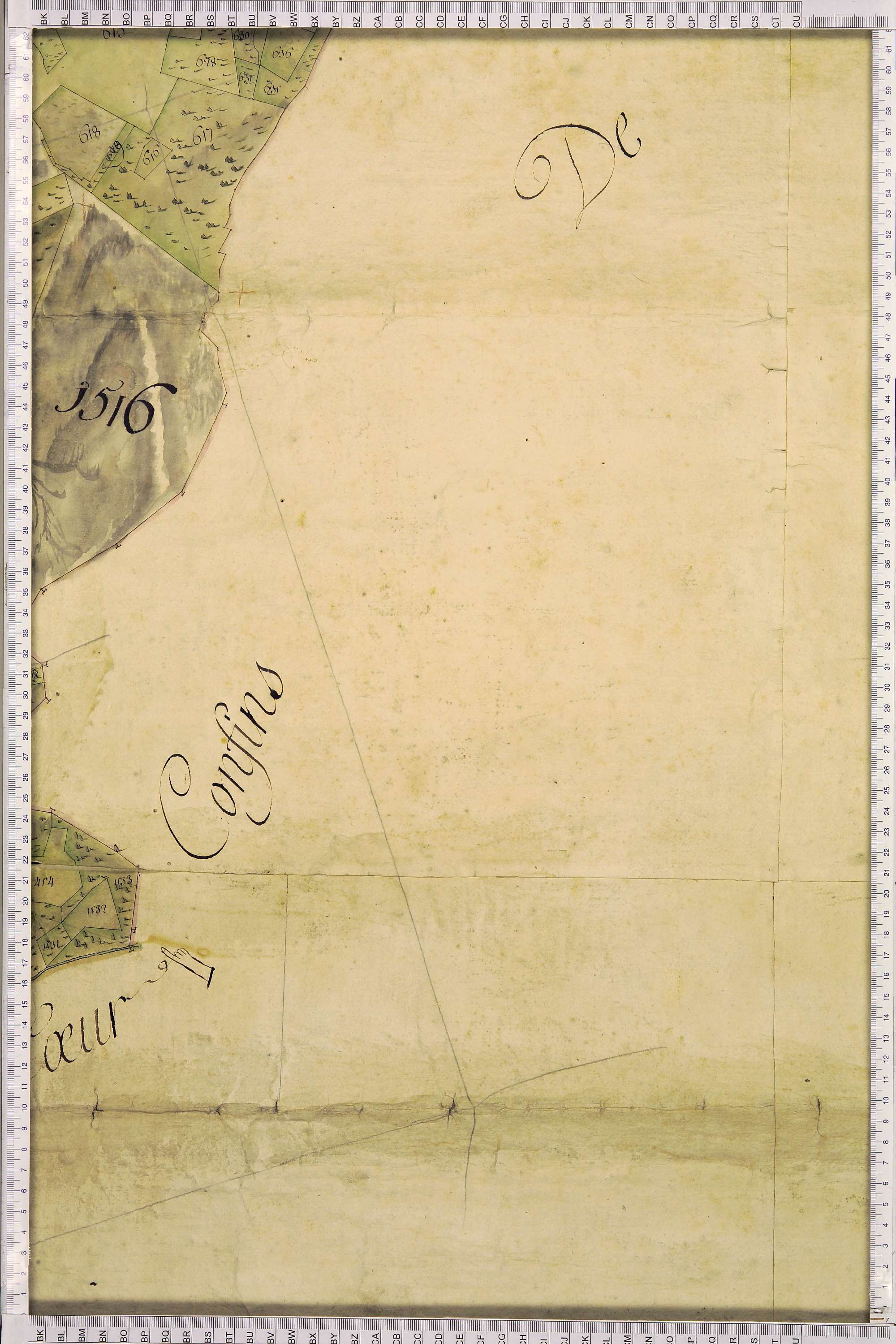 La Léchère - Copie de la mappe originale (plan cadastral) de la commune de Petit-Coeur (Saint-Eusèbe-de-Cœur), dans lequel sont figurées et numérotées les 1543 parcelles qui composent le territoire de la commune. Signée Cocelli, directeur de la péréquatio