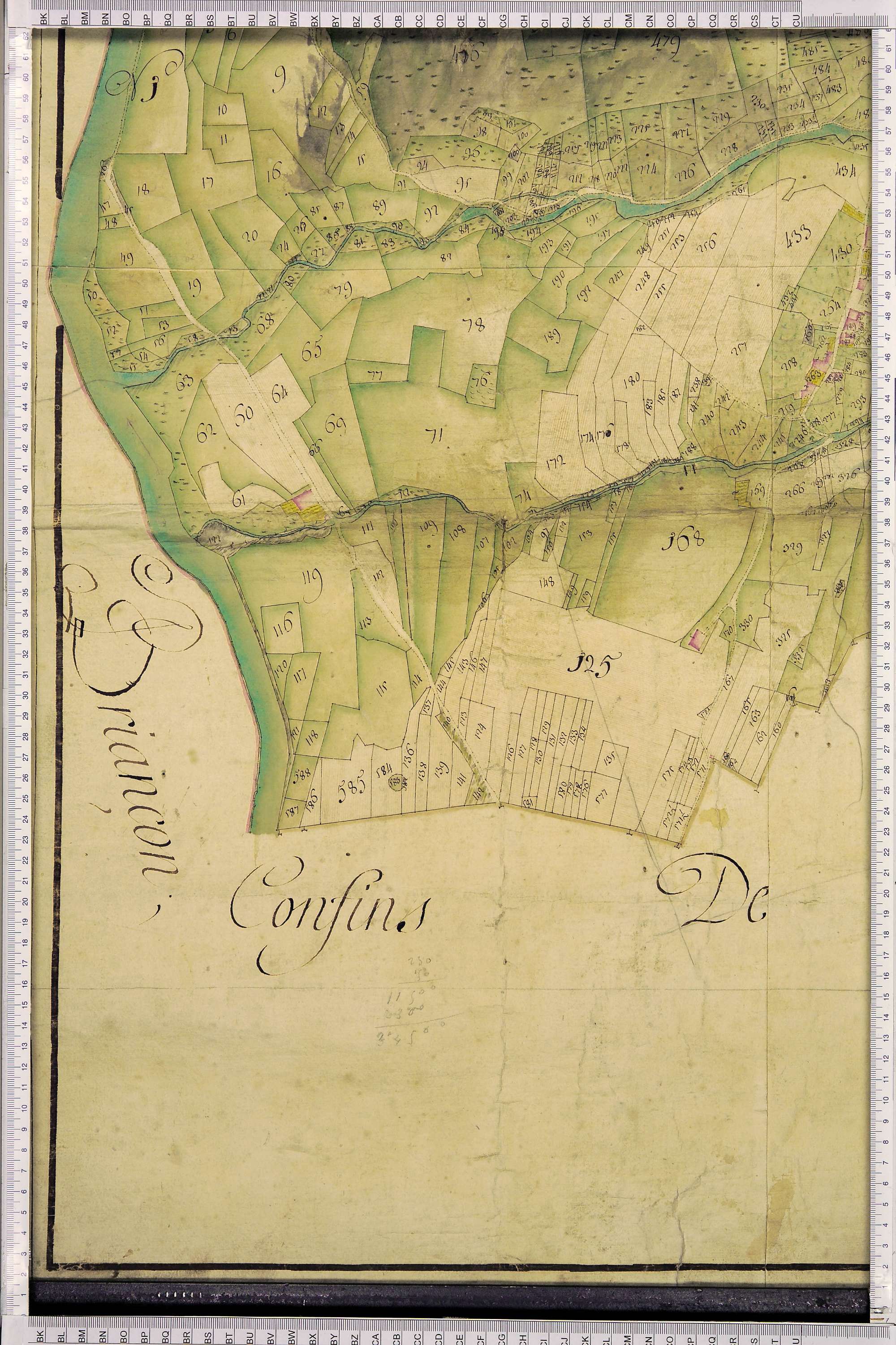 La Léchère - Copie de la mappe originale (plan cadastral) de la commune de Petit-Coeur (Saint-Eusèbe-de-Cœur), dans lequel sont figurées et numérotées les 1543 parcelles qui composent le territoire de la commune. Signée Cocelli, directeur de la péréquatio