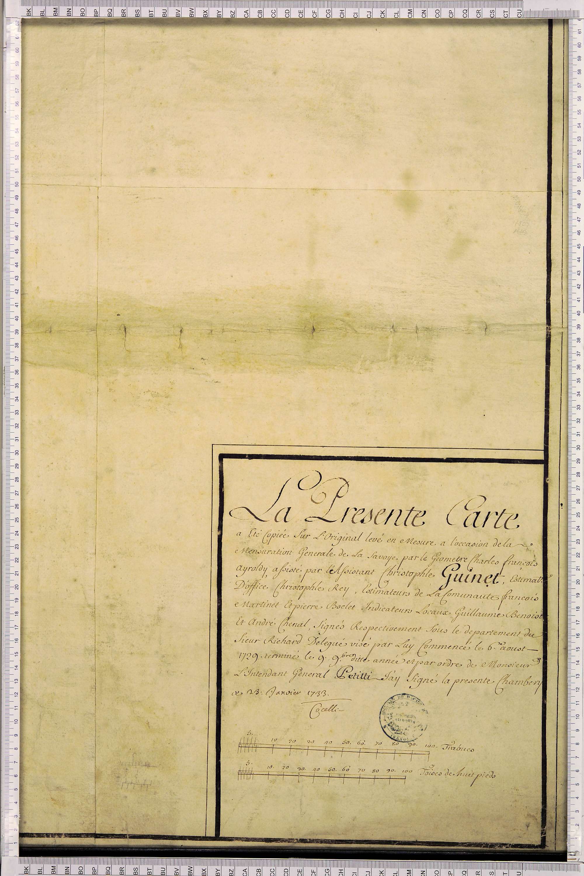 La Léchère - Copie de la mappe originale (plan cadastral) de la commune de Petit-Coeur (Saint-Eusèbe-de-Cœur), dans lequel sont figurées et numérotées les 1543 parcelles qui composent le territoire de la commune. Signée Cocelli, directeur de la péréquatio