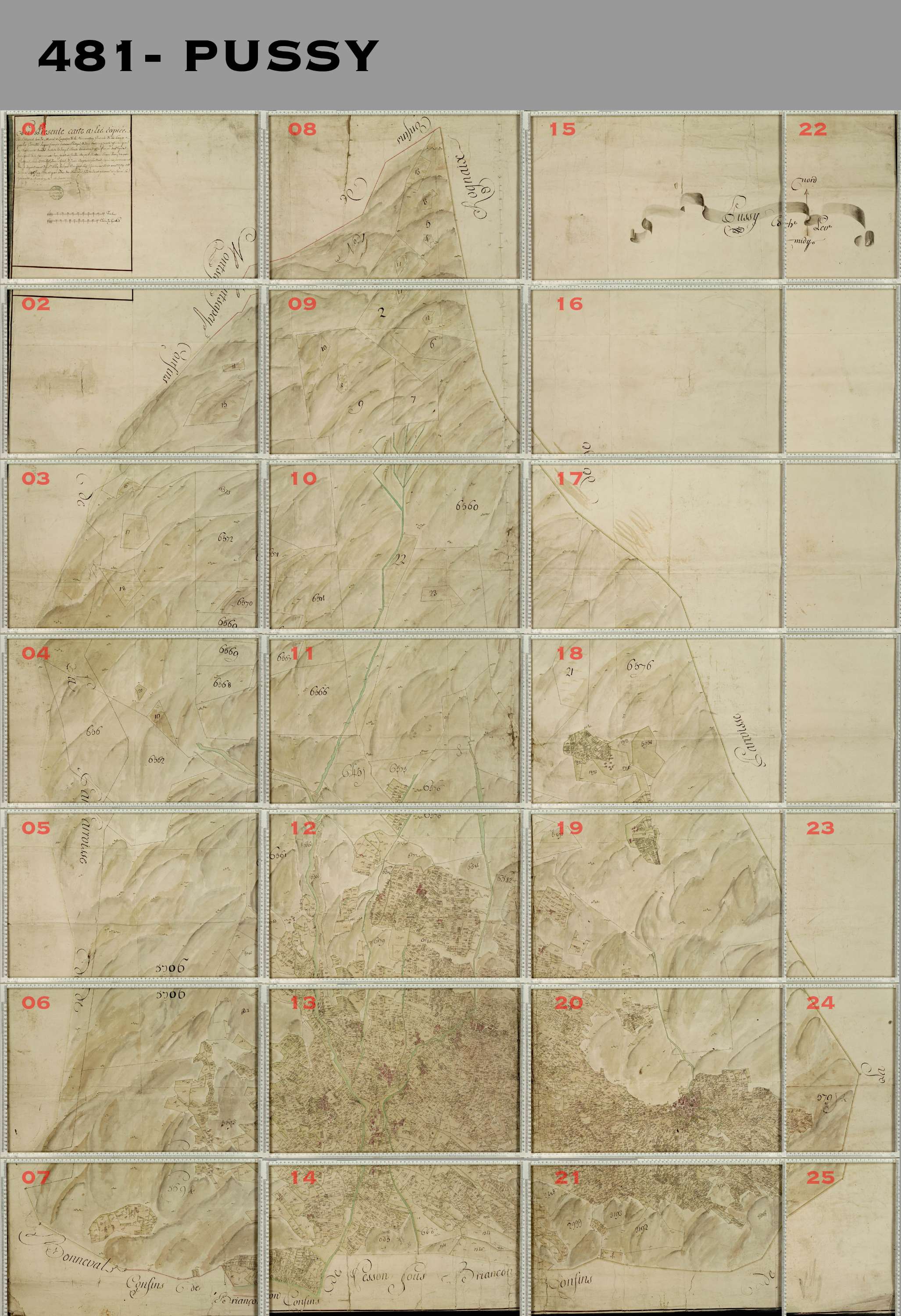 La Léchère - Copie de la mappe originale (plan cadastral) de la commune de Pussy. Signée Cocelli, directeur de la péréquation.
