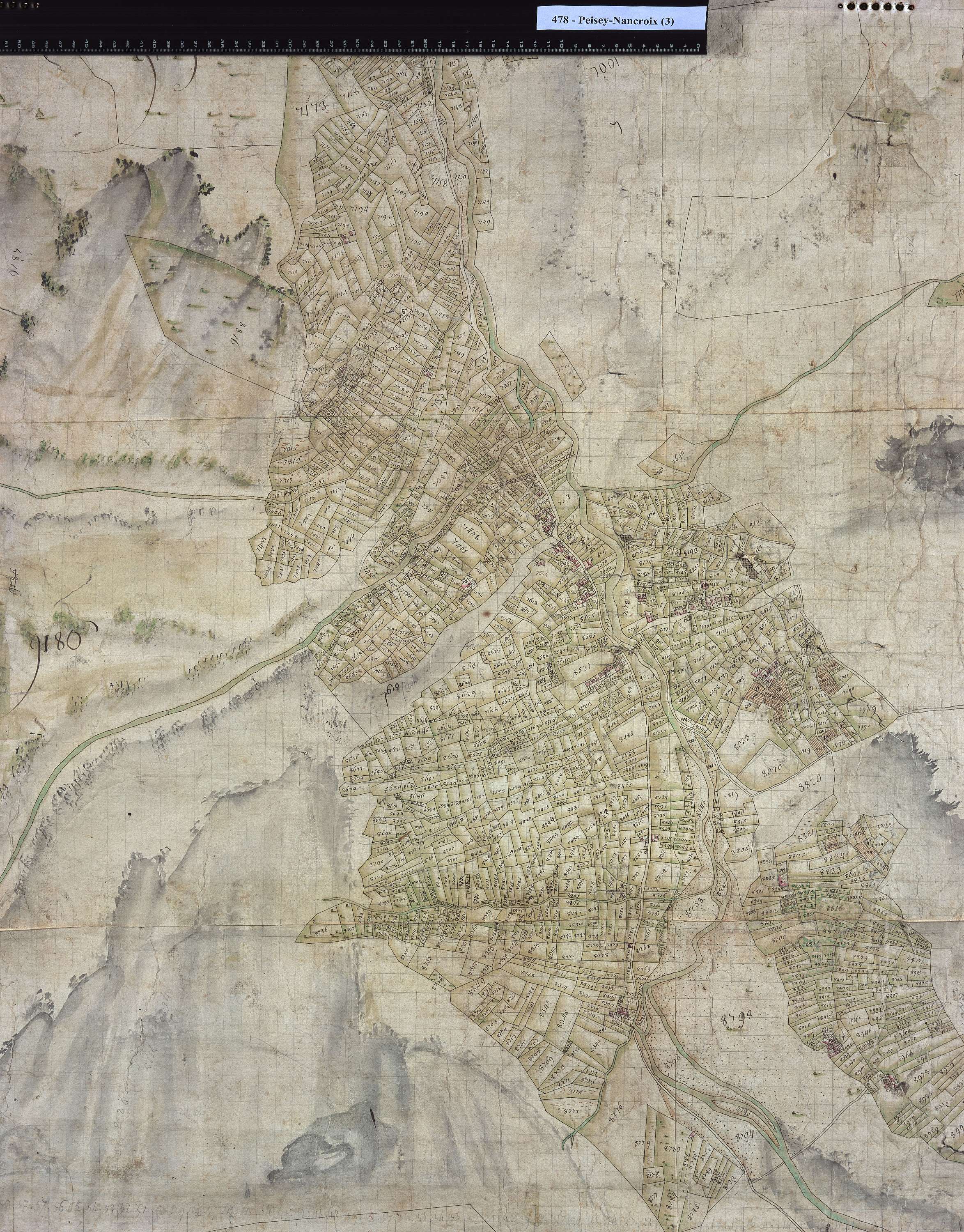Peisey-Nancroix - Copie de la mappe originale (plan cadastral) de la commune de Pesey. Signée Cocelli, directeur de la péréquation.
