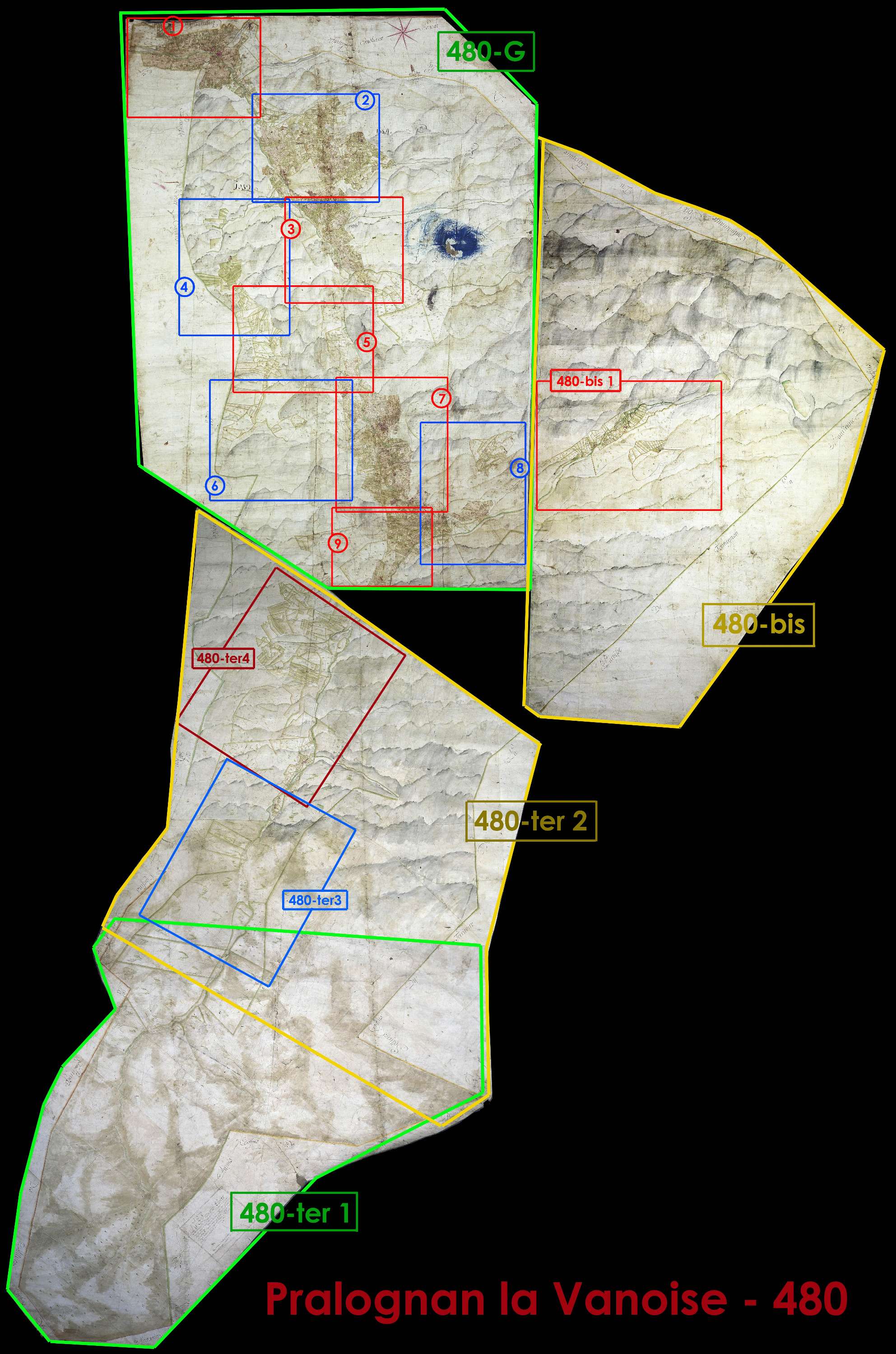 Planay - Copie de la mappe originale (plan cadastral) de la commune de Pralognan-Planey. Signée Cocelli, directeur de la péréquation.