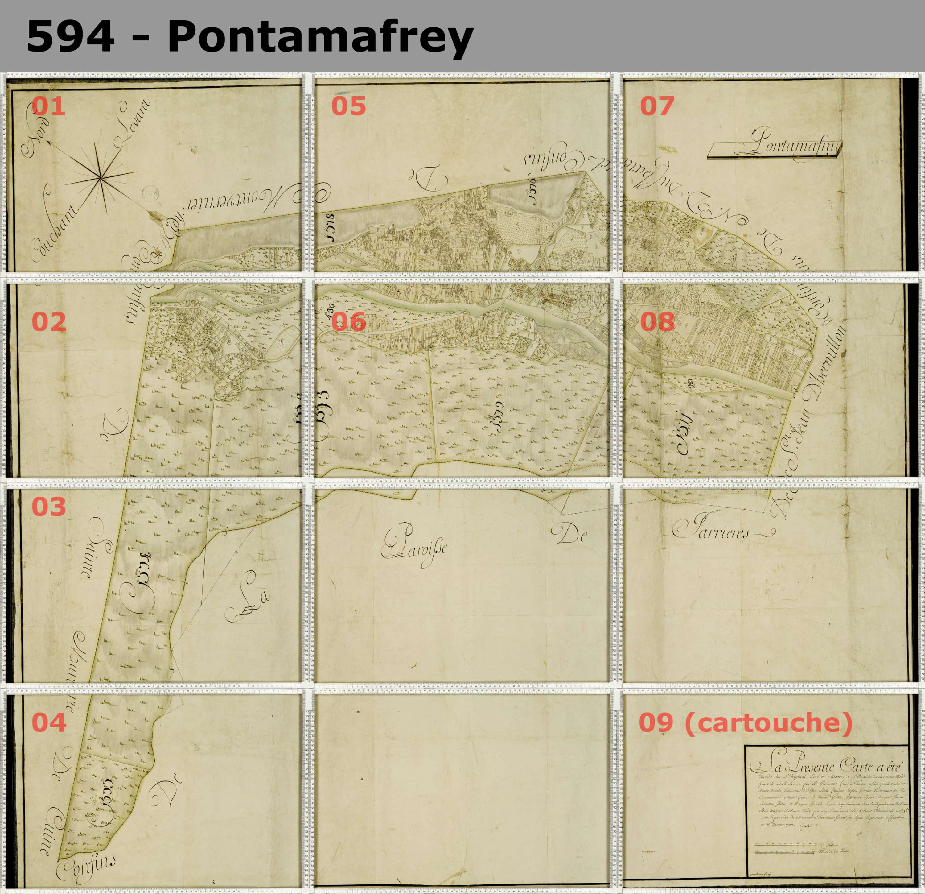 Pontamafrey-Montpascal - Copie de la mappe originale (plan cadastral) de la commune de Pontamafrey. Signée Cocelli, directeur du bureau de la péréquation.