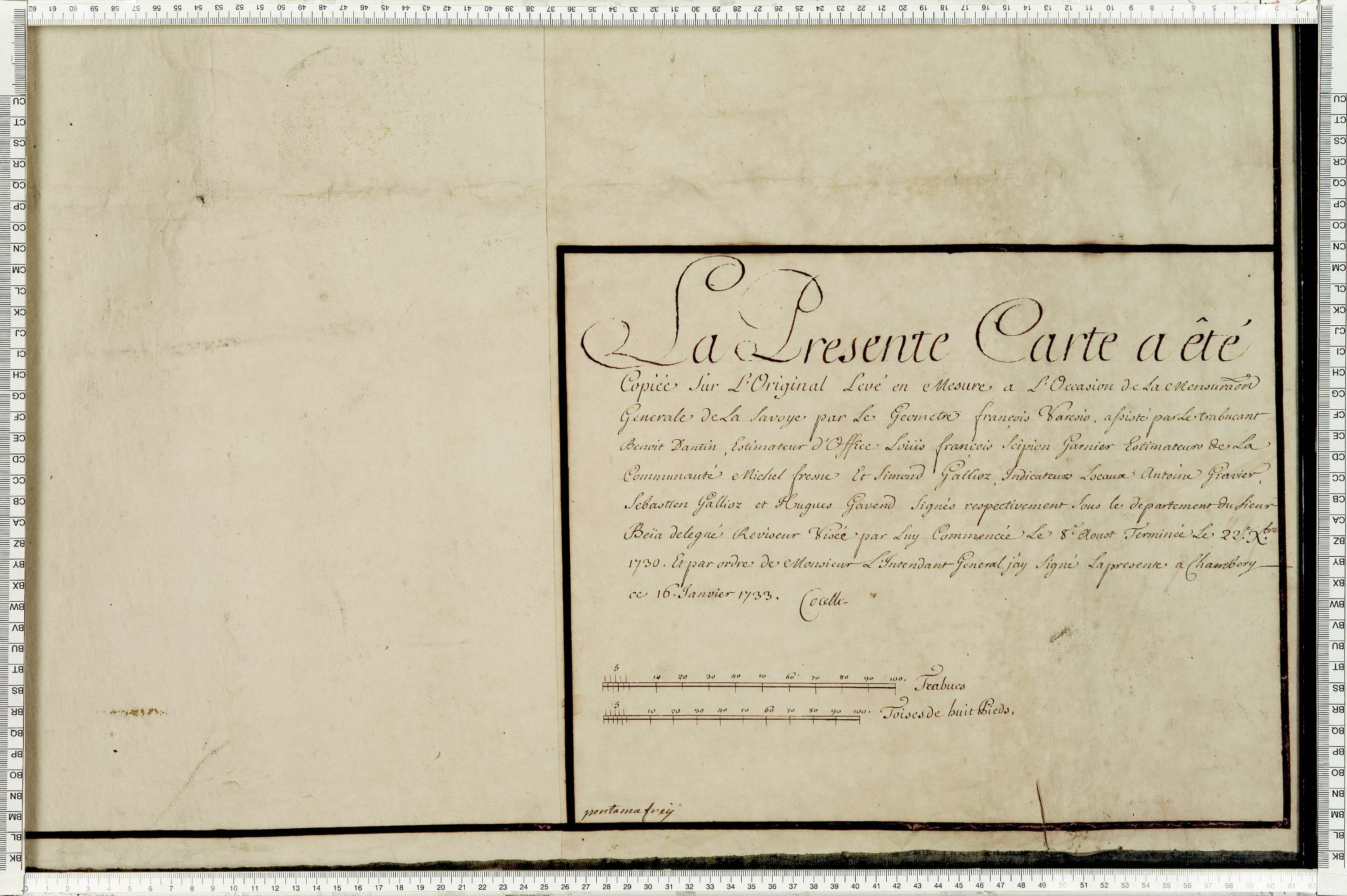 Pontamafrey-Montpascal - Copie de la mappe originale (plan cadastral) de la commune de Pontamafrey. Signée Cocelli, directeur du bureau de la péréquation.