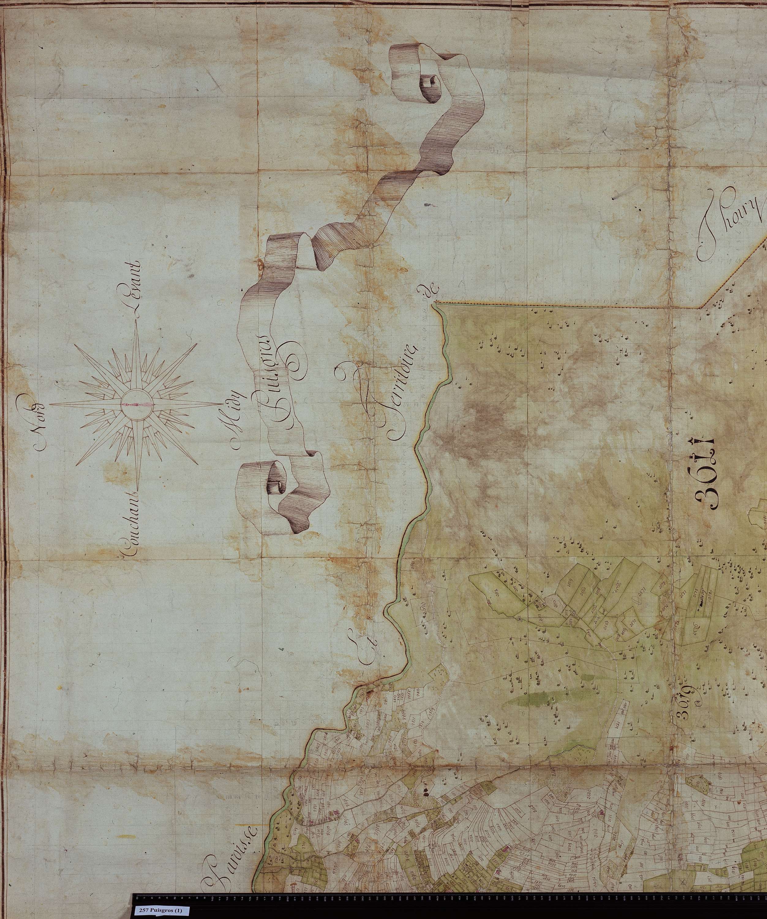 Puygros - Copie de la mappe originale (plan cadastral) de la commune de Puigros. Signée Cocelli, directeur de la péréquation.