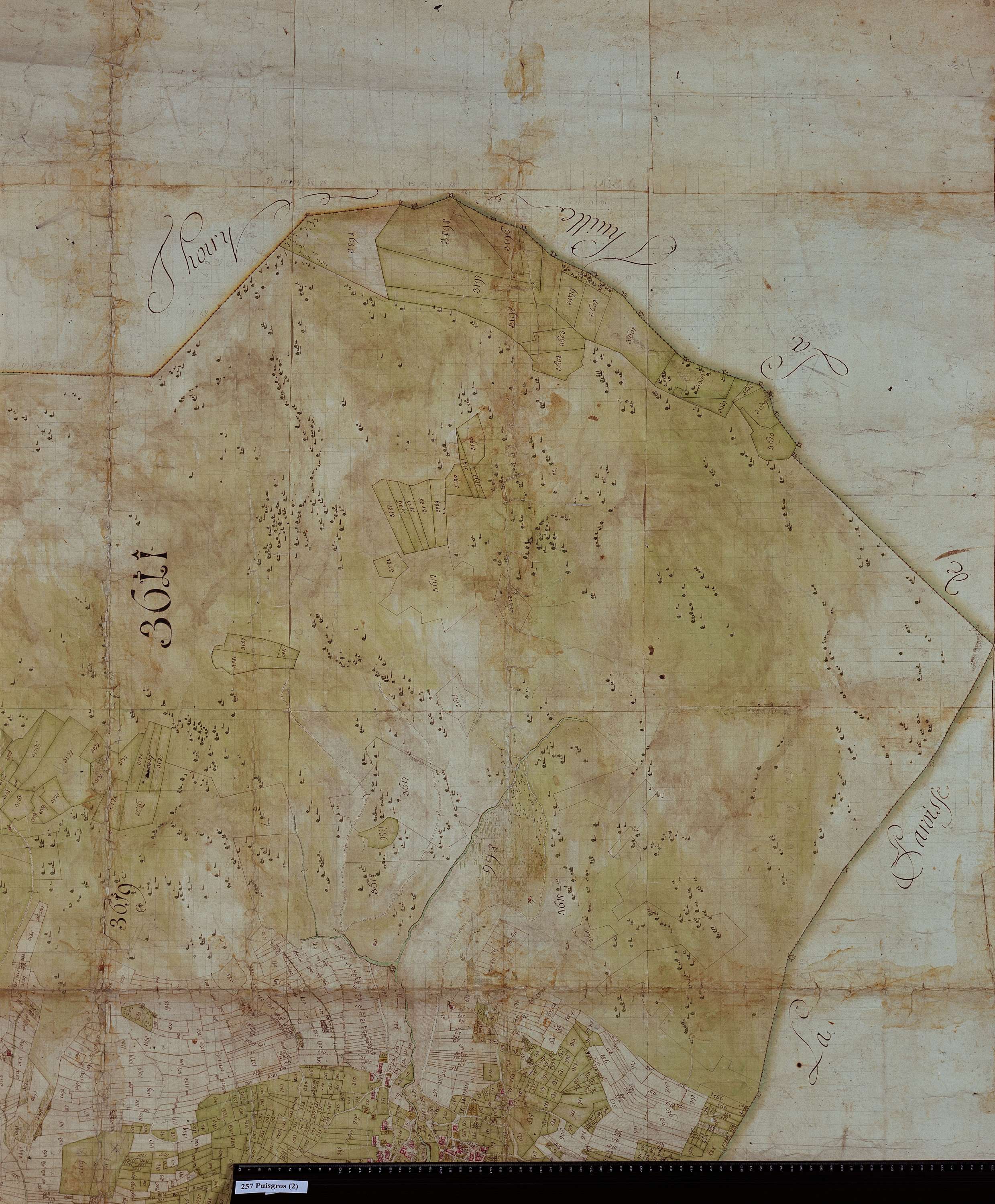 Puygros - Copie de la mappe originale (plan cadastral) de la commune de Puigros. Signée Cocelli, directeur de la péréquation.