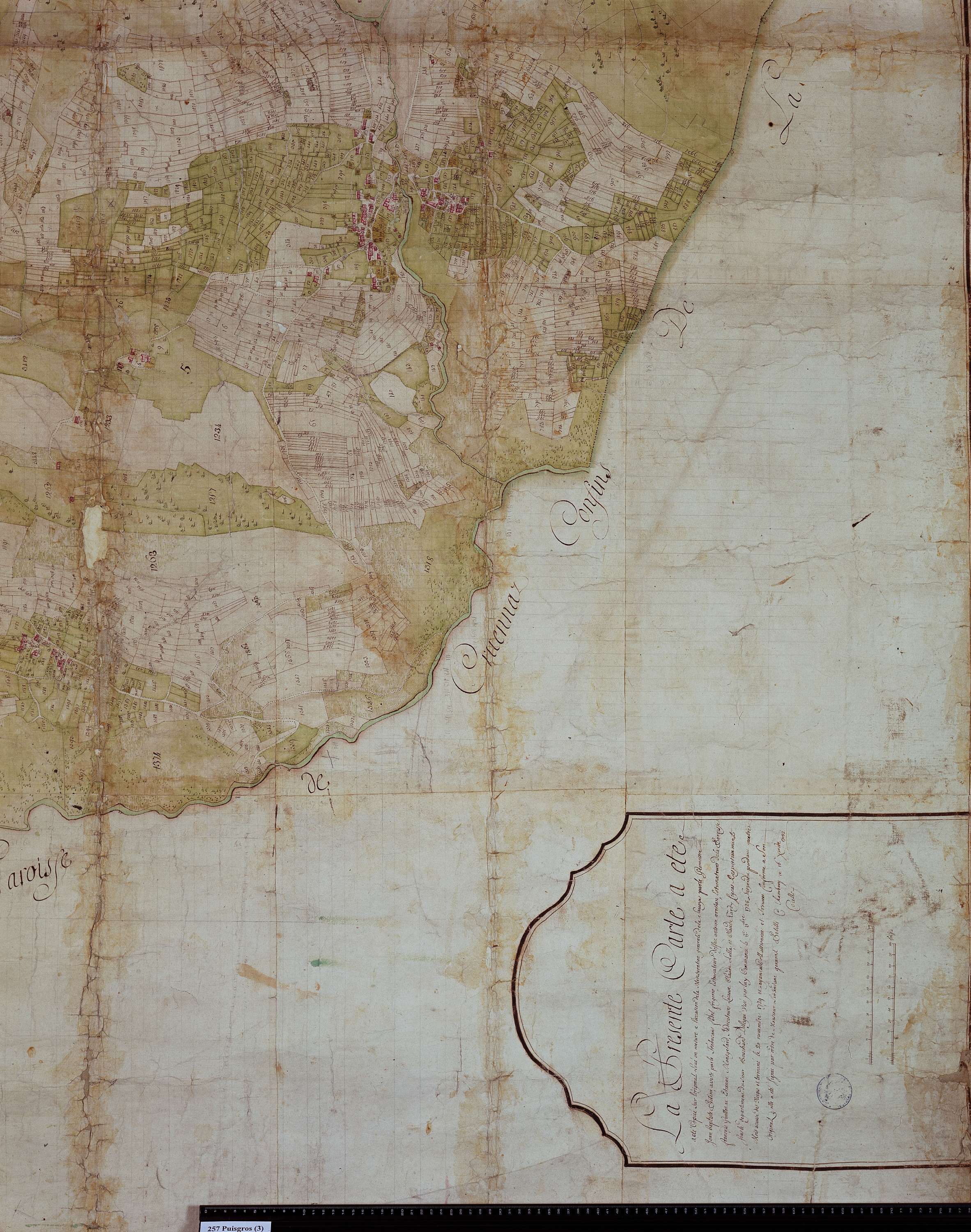 Puygros - Copie de la mappe originale (plan cadastral) de la commune de Puigros. Signée Cocelli, directeur de la péréquation.