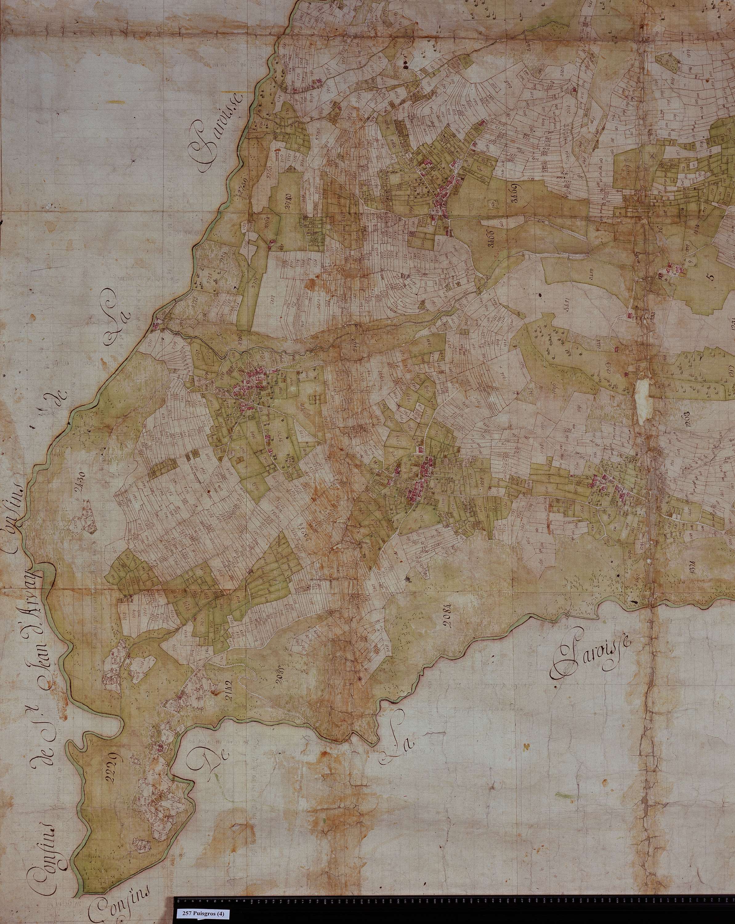 Puygros - Copie de la mappe originale (plan cadastral) de la commune de Puigros. Signée Cocelli, directeur de la péréquation.