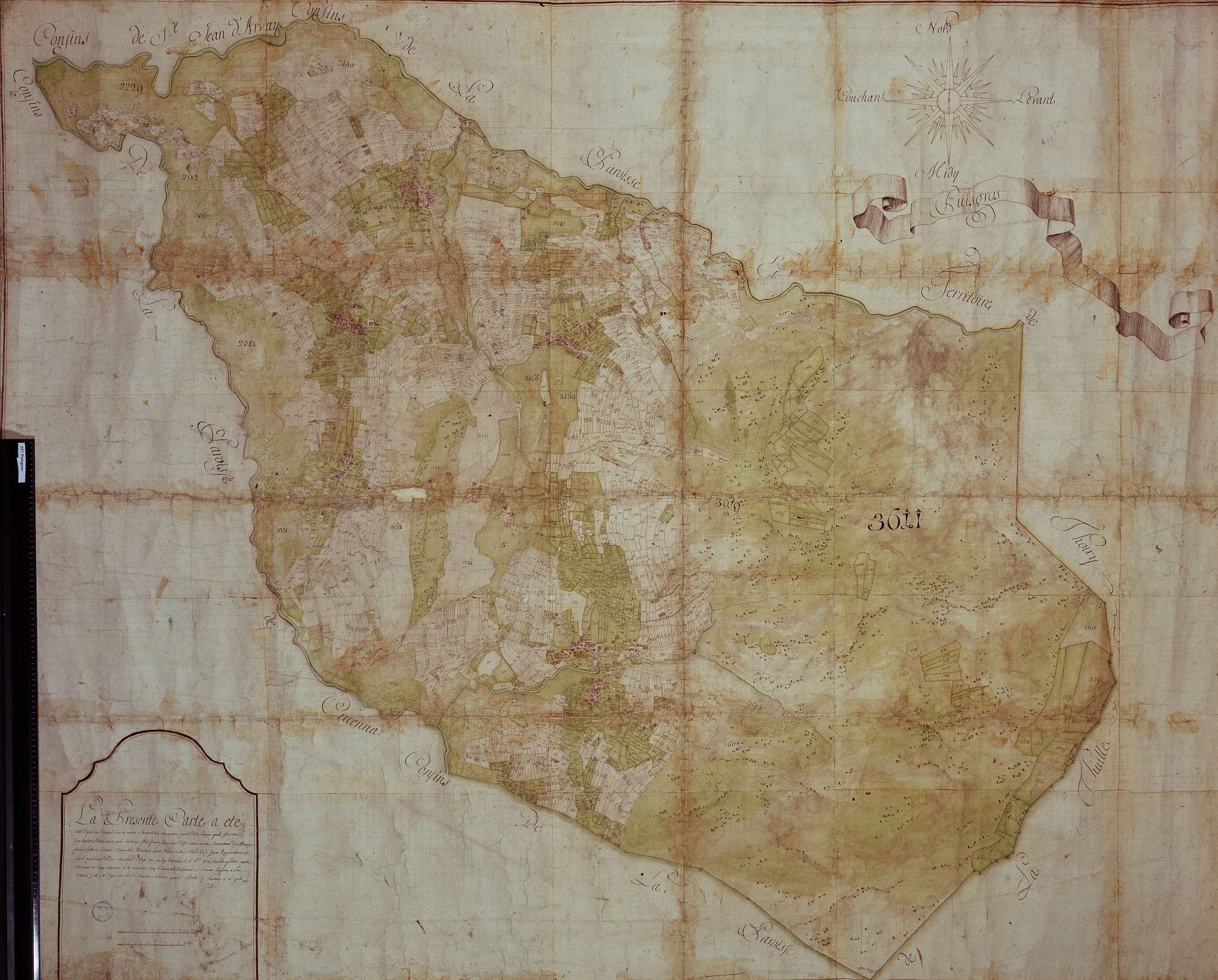 Puygros - Copie de la mappe originale (plan cadastral) de la commune de Puigros. Signée Cocelli, directeur de la péréquation.