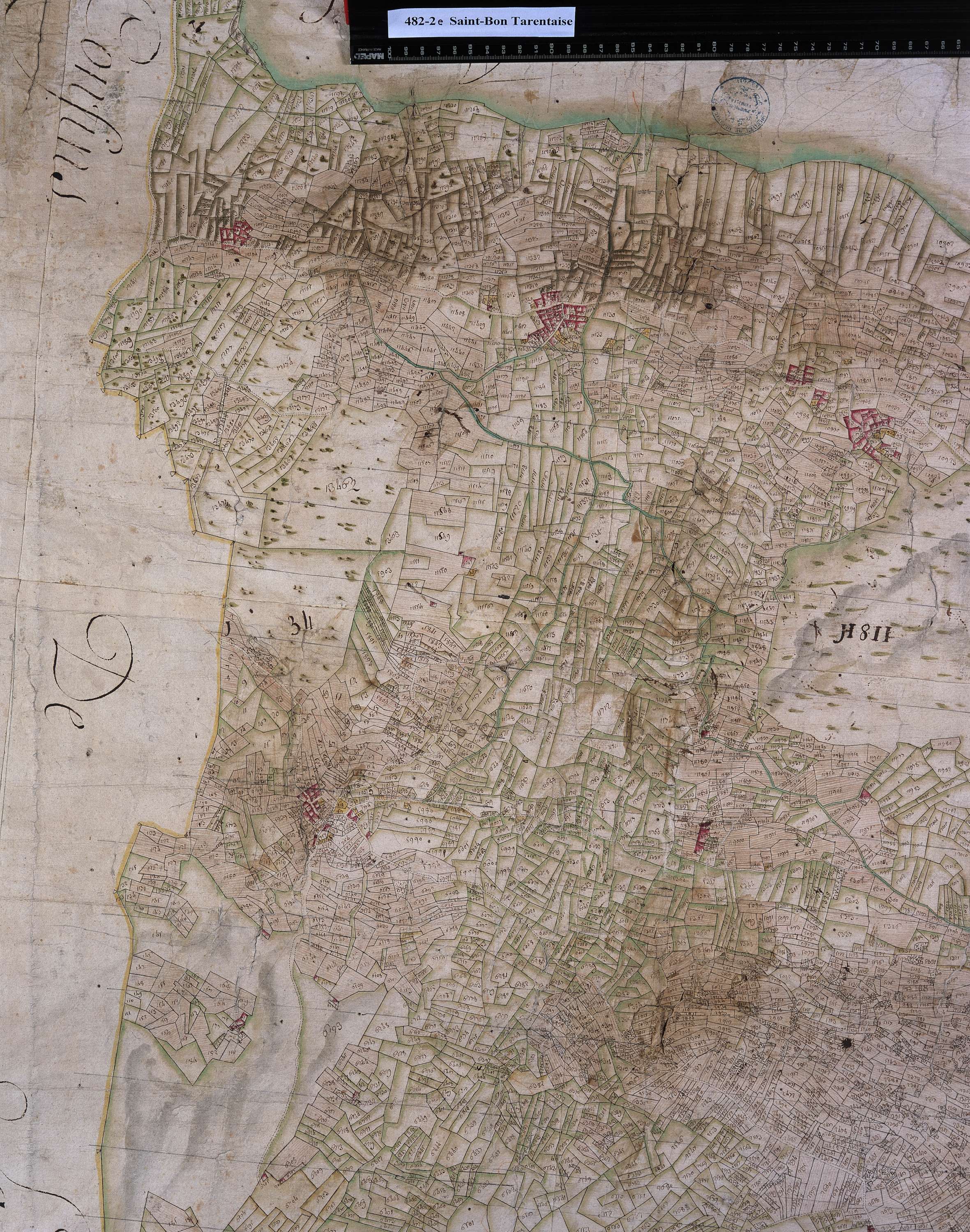 Saint-Bon-Tarentaise - Copie de la mappe originale (plan cadastral) de la commune de Saint-Bon. Signée Cocelli, directeur de la péréquation.