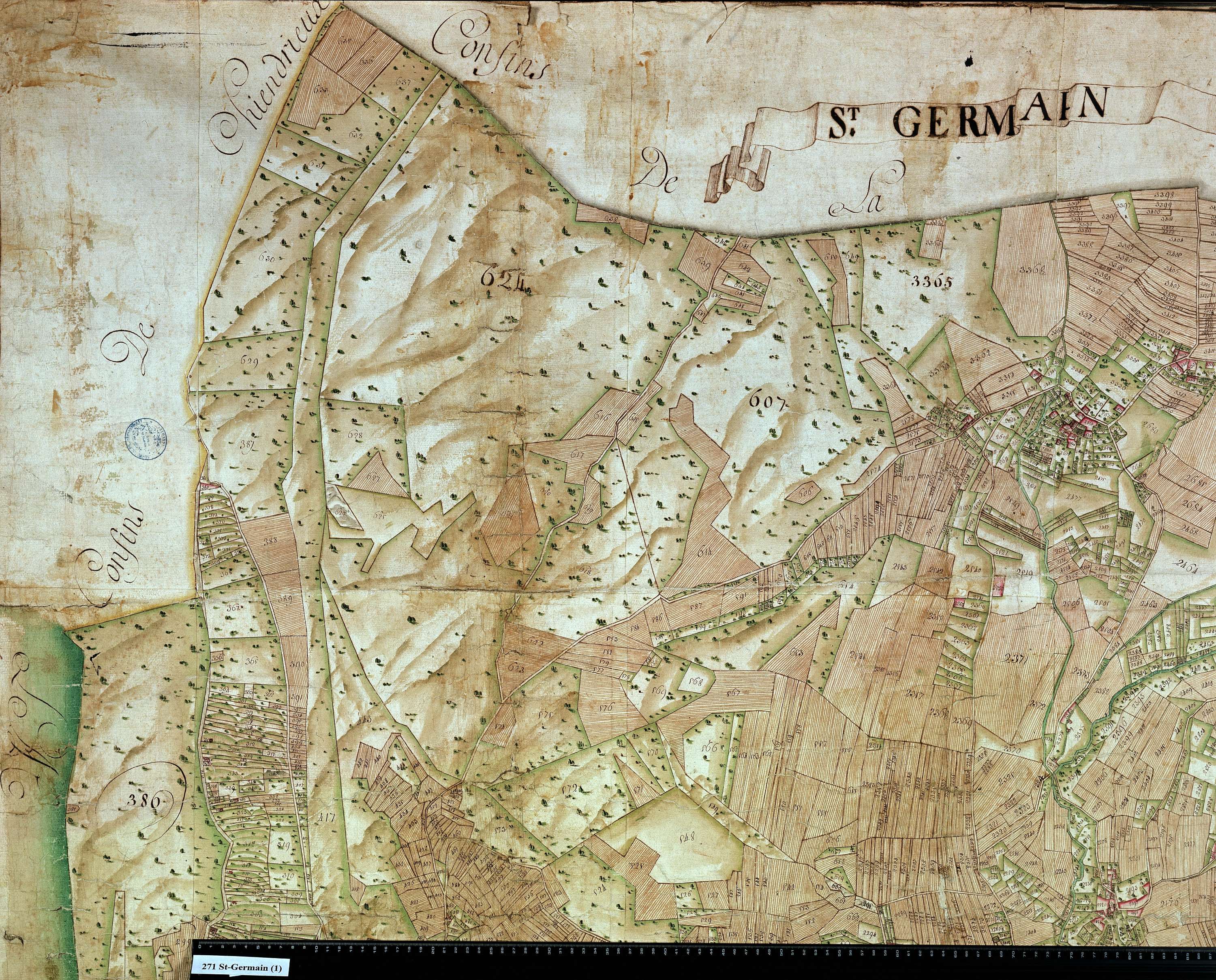 Saint-Germain-la-Chambotte - Copie de la mappe originale (plan cadastral) de la commune de Saint-Germain. Signée Cocelli, directeur de la péréquation.