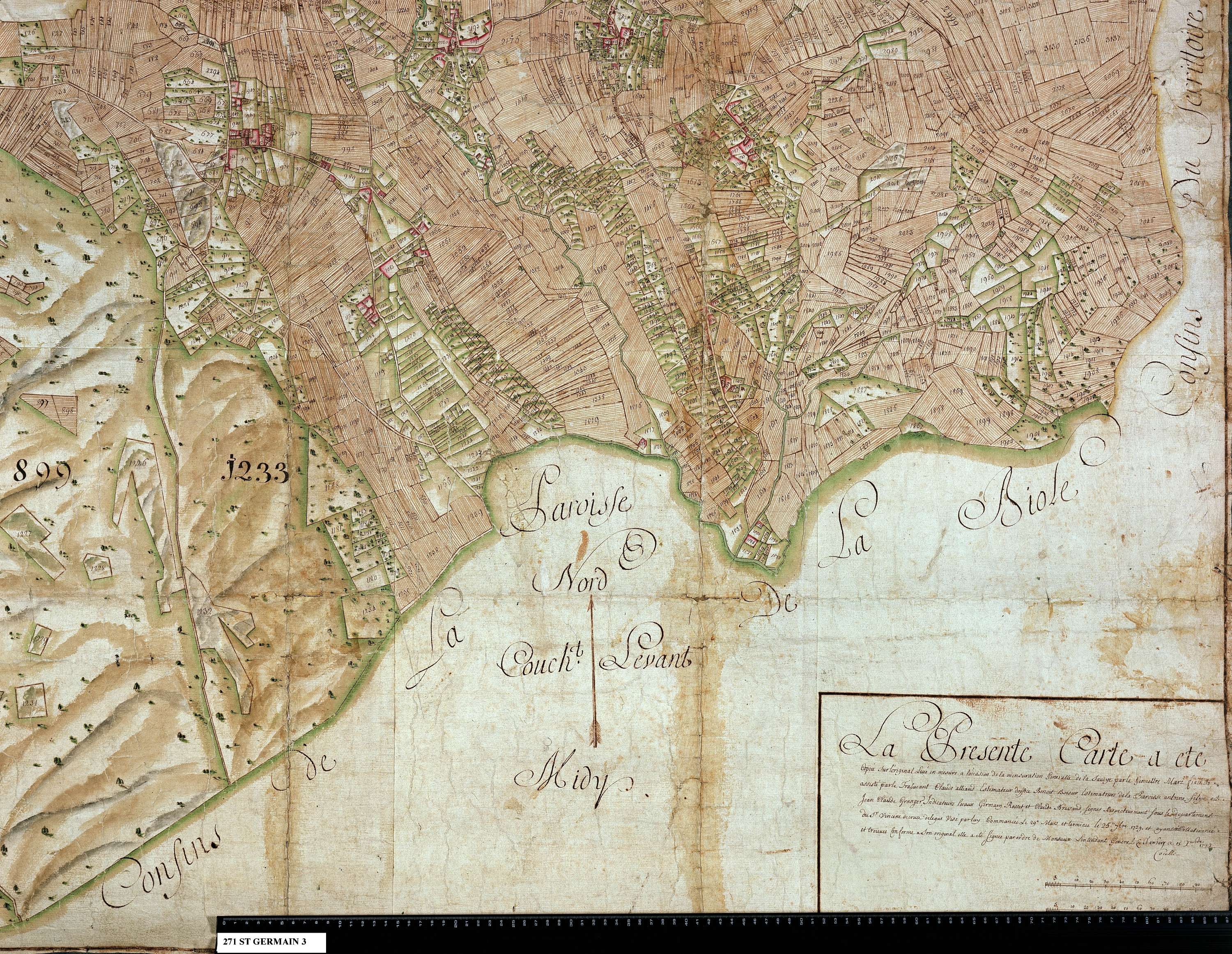 Saint-Germain-la-Chambotte - Copie de la mappe originale (plan cadastral) de la commune de Saint-Germain. Signée Cocelli, directeur de la péréquation.