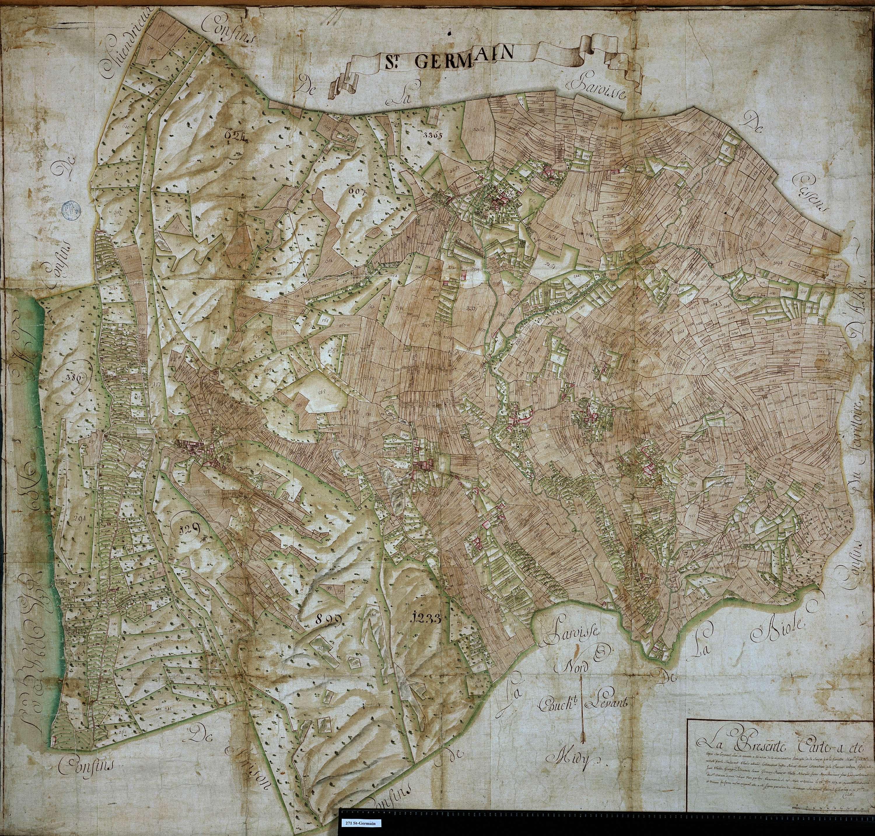 Saint-Germain-la-Chambotte - Copie de la mappe originale (plan cadastral) de la commune de Saint-Germain. Signée Cocelli, directeur de la péréquation.