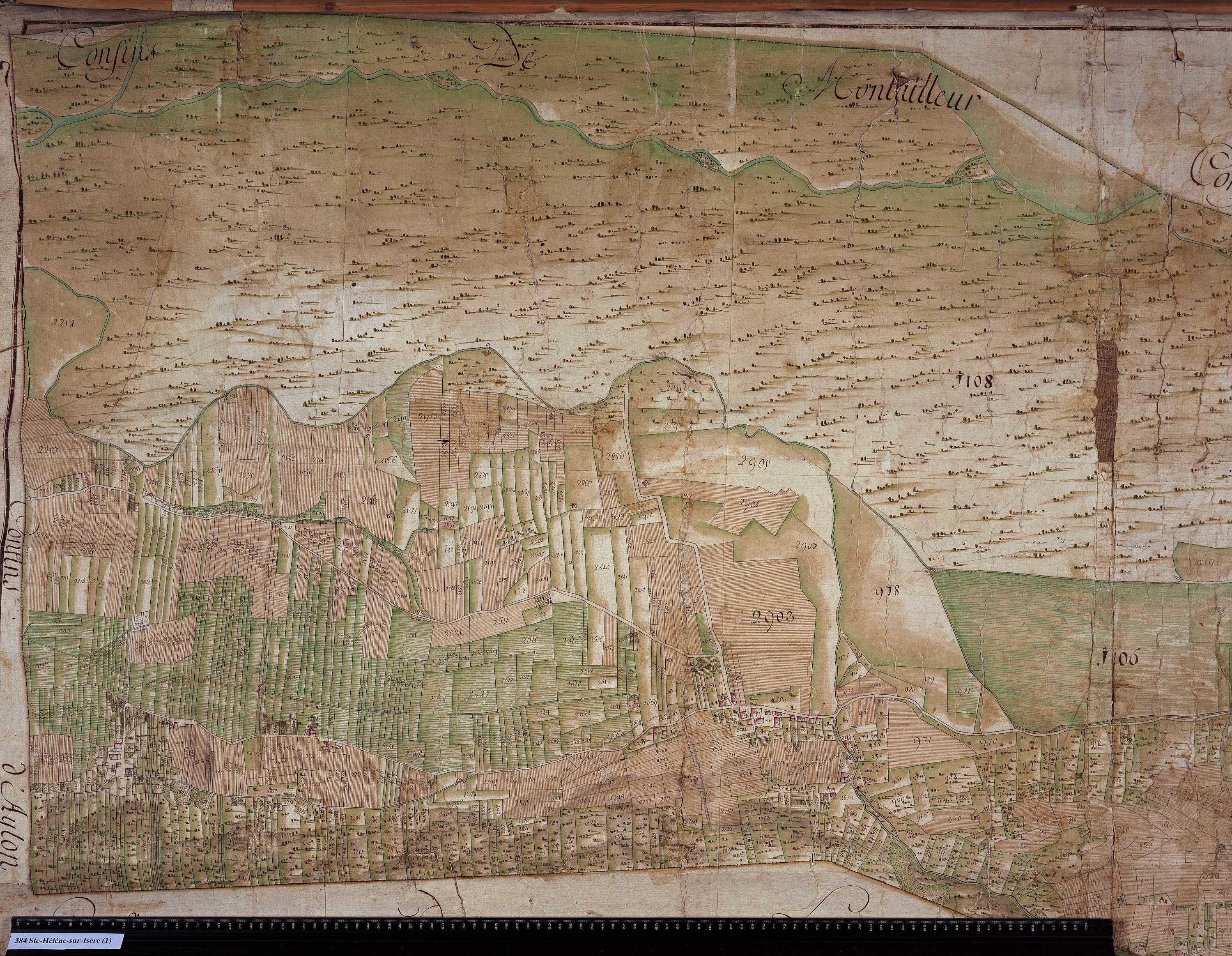 Sainte-Hélène-sur-Isère - Copie de la mappe originale (plan cadastral) de la commune de Sainte-Hélène-des-Millières. Signée Cocelli, directeur de la péréquation.