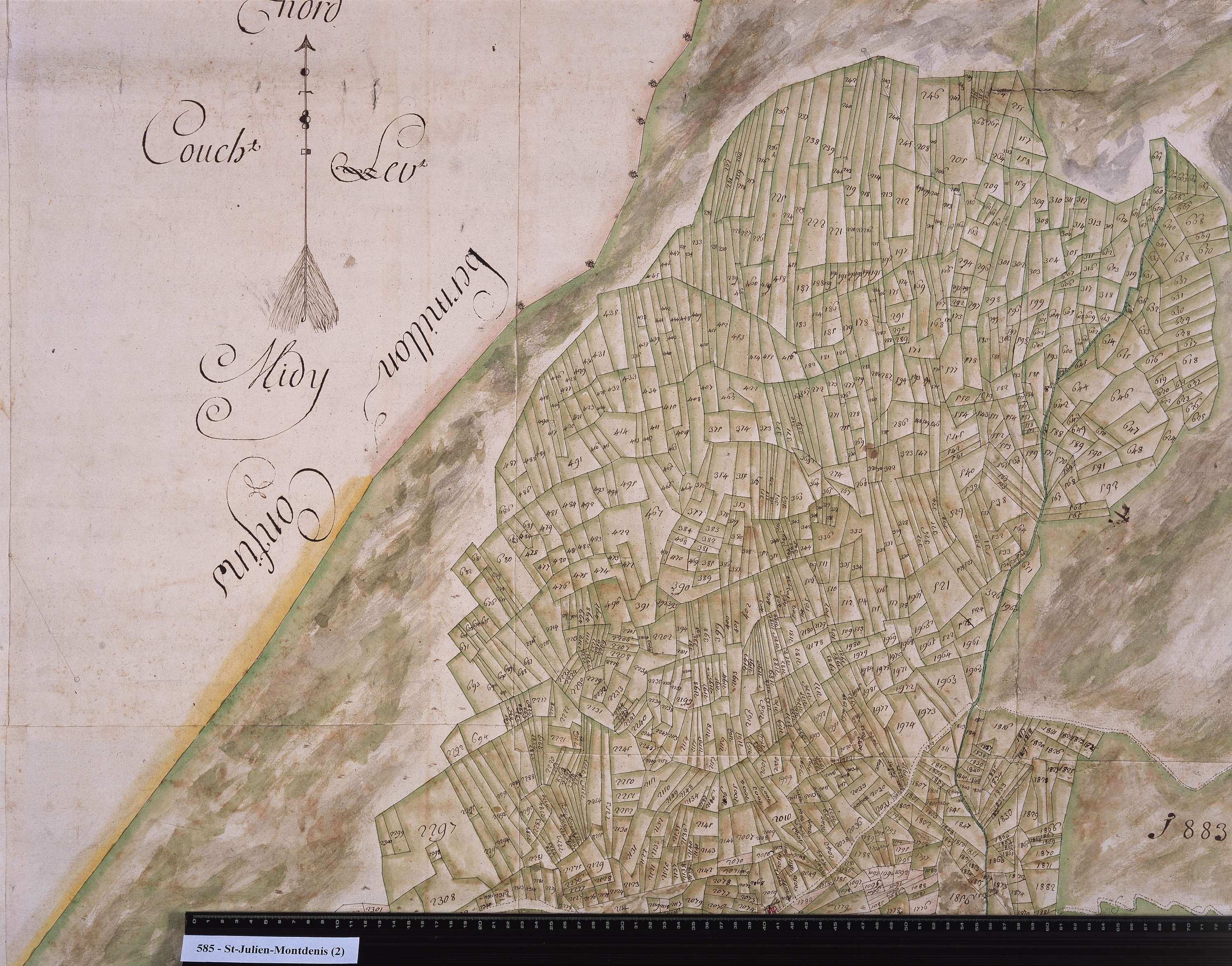 Saint-Julien-Mont-Denis - Copie de la mappe originale (plan cadastral) de la commune de Montdenis. Signée Cocelli, directeur de la péréquation générale.