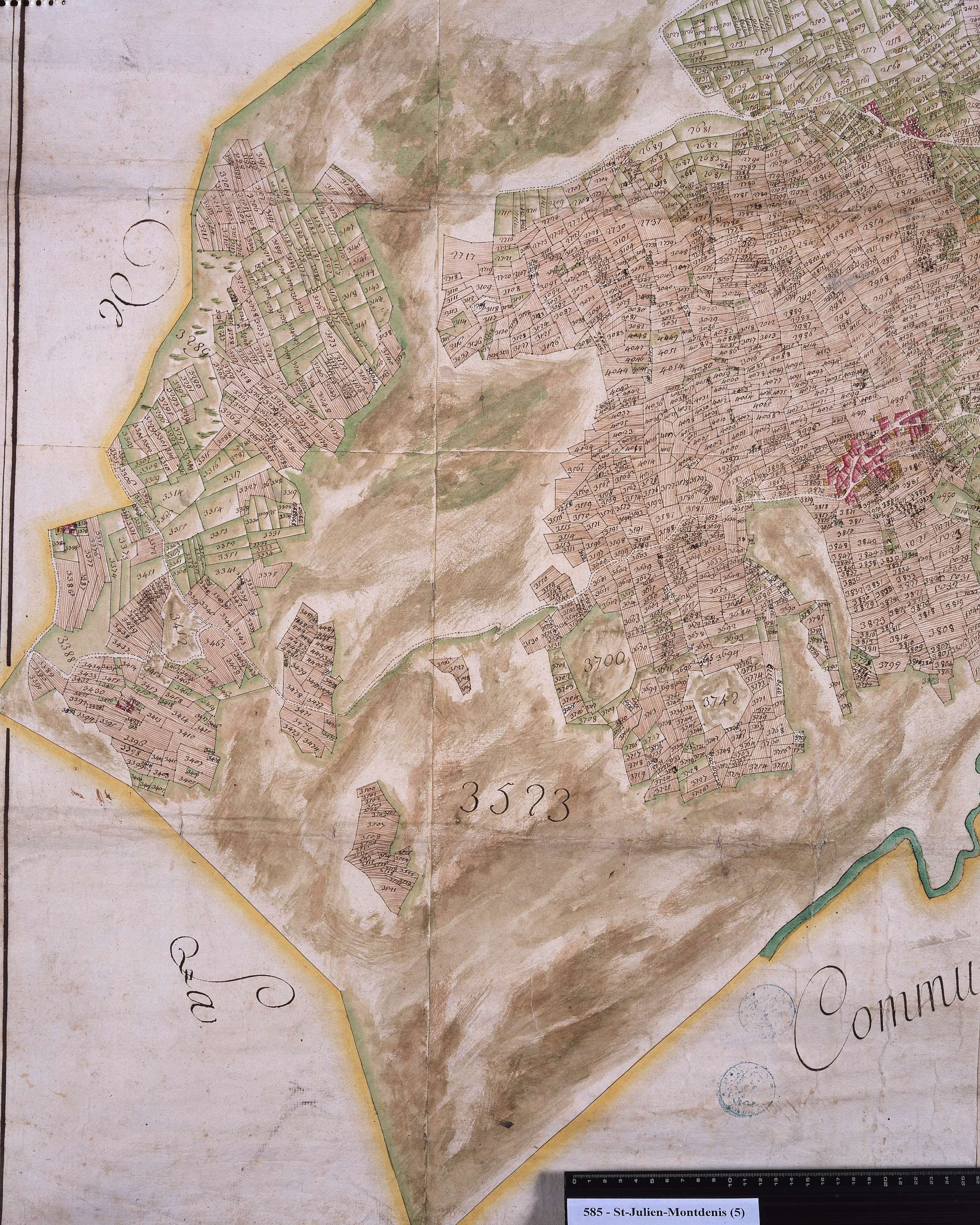 Saint-Julien-Mont-Denis - Copie de la mappe originale (plan cadastral) de la commune de Montdenis. Signée Cocelli, directeur de la péréquation générale.
